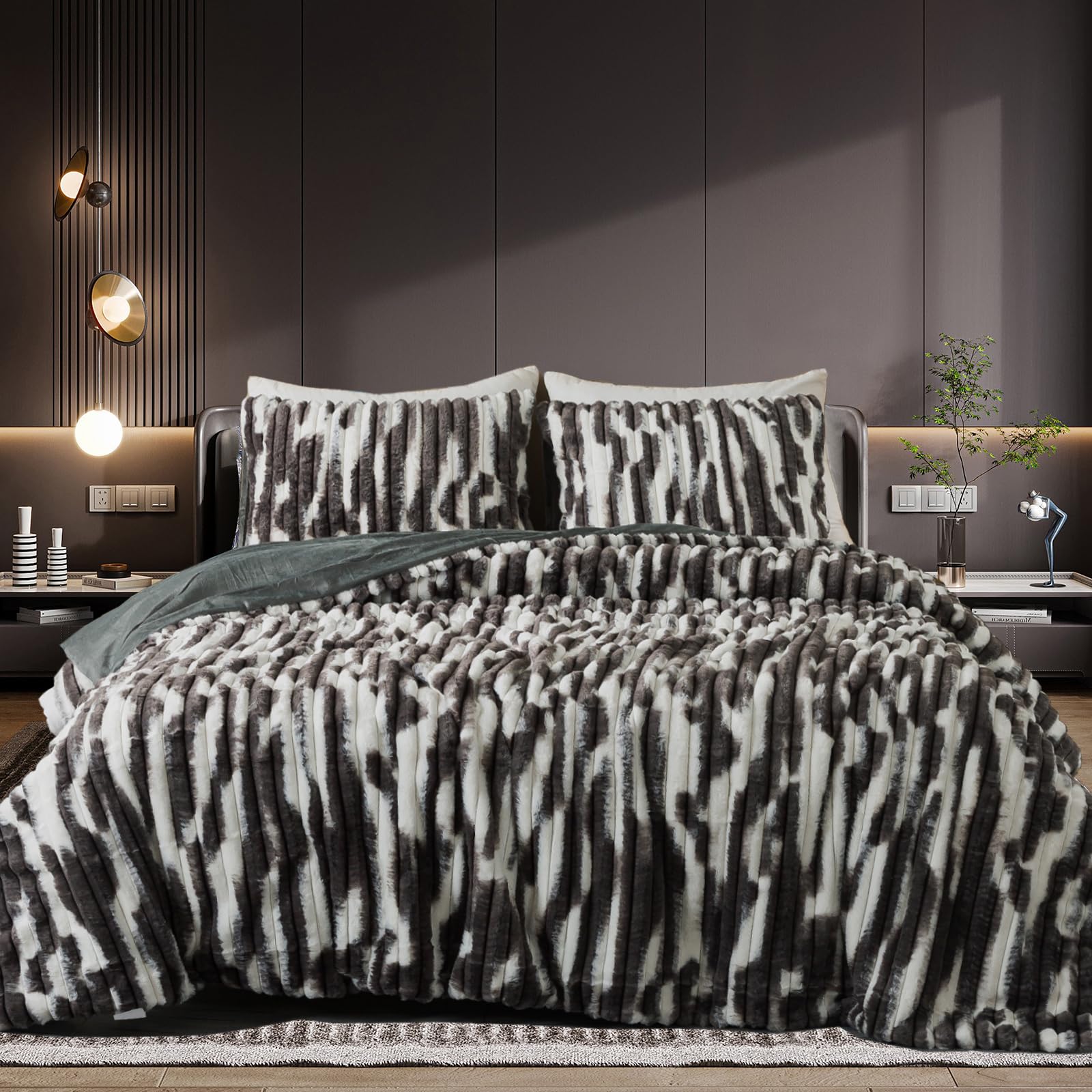Photo 1 of Soft Fluffy Rabbit Fur Comforter Set Shaggy Faux Fur Striped Bedding Set with Pillowcase Winter Warm Plush Fuzzy Bed Set 3 Piece(Black, King) Black King Size