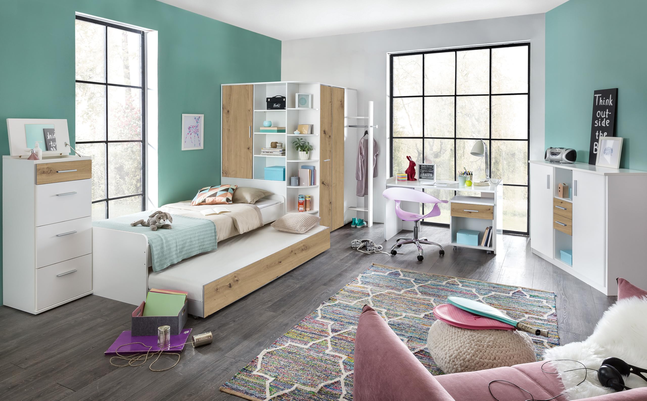 Jugendzimmer Set Joker in Weiß und Artisan Eiche - mit Bett mit Auszugsliege, Schreibtisch, Kleiderschrank und Regal - Verschiedene Set Varianten wählbar (8 teilig)