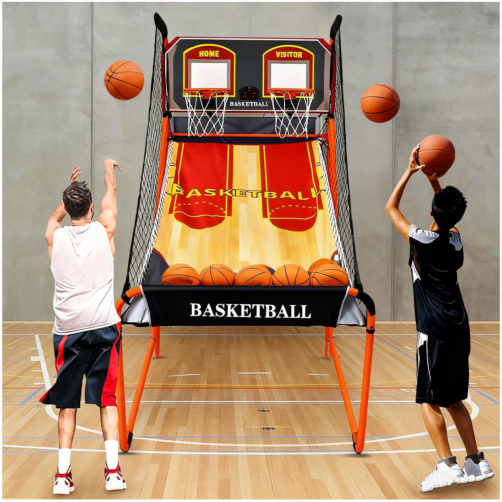 Zusammenklappbarer Basketball-Arcade-Spielautomat, Doppel-Basketballwurfmaschine mit Anzeigetafel, Basketballkorb für Den Innenbereich mit 5 Bällen Der Größe 3