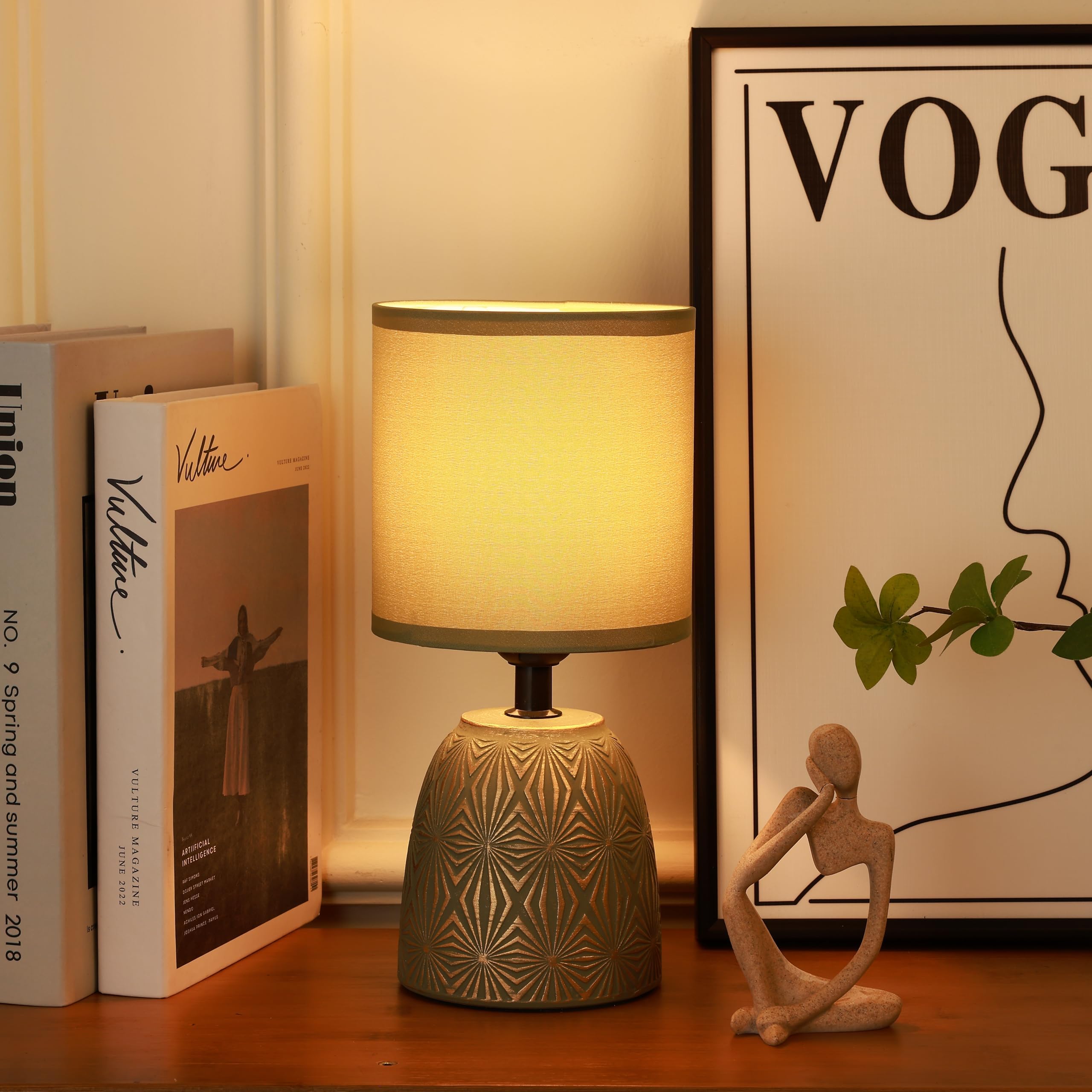 Modern Ceramic Table Lamp with Fabric Shade, Decorative Bedside Night Lamp for Bedroom, Living Room, Nightstand, Home, Office & Hotel Decor, Desk Light (Bulb Not Included) (Green)