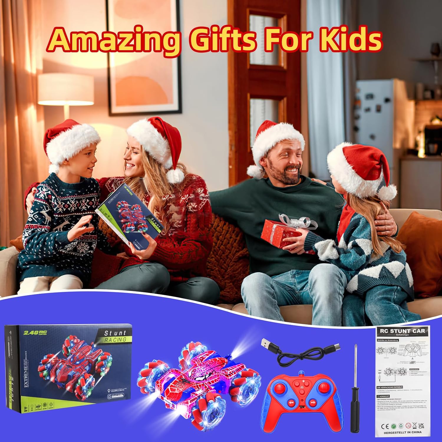 Spider Remote Control Car with WholeBody Colorful Light, 2.4Ghz RC Stunt Cars Toys, Double Sided Off-Road 360° Rotating,Rechargeable 4WD RC Drift Car Spider Toys for Boys Kids 4-6 5-7 8-12