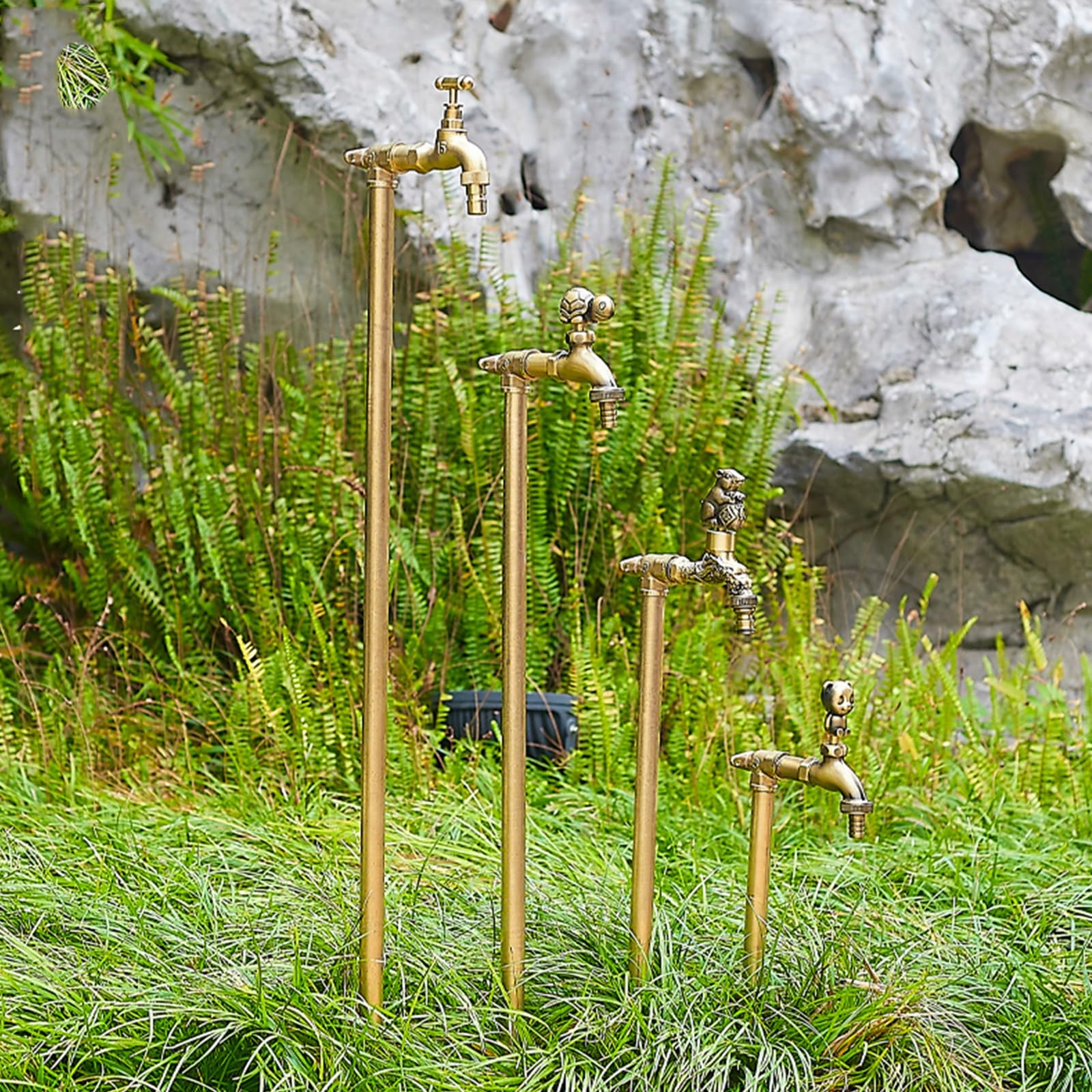 Columna De Agua Vertical para Jardín con Doble Grifo - Totalmente De Cobre, Montaje En Suelo, Grifo Exterior Resistente A Las Heladas para Patio, Jardín Y Terraza, Diseño Dura，E 40cm/15.7in
