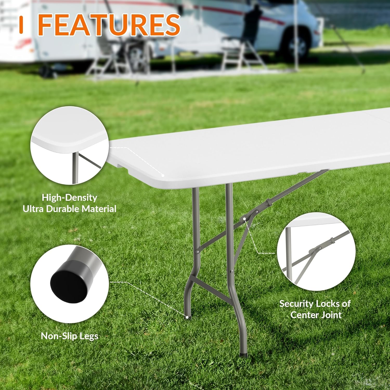 Elevon Folding Table, 8 Feet Heavy Duty Fold-in-Half Utility Table Indoor Outdoor for Camping, Picnic, Party