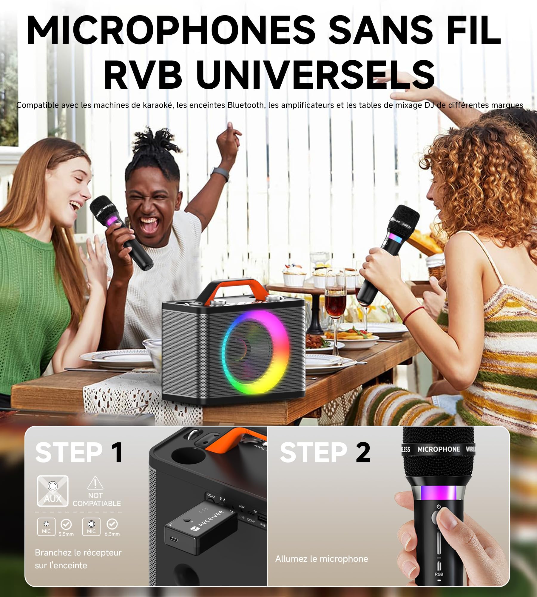 Machine de karaoké avec 2 microphones RVB sans fil - 5200mAh Karaoké avec 10 modes RVB, panneau de contrôle indépendant, 13 heures de lecture, son Hi-Fi, karaoké prend en charge AUX/USB/carte TF/USB