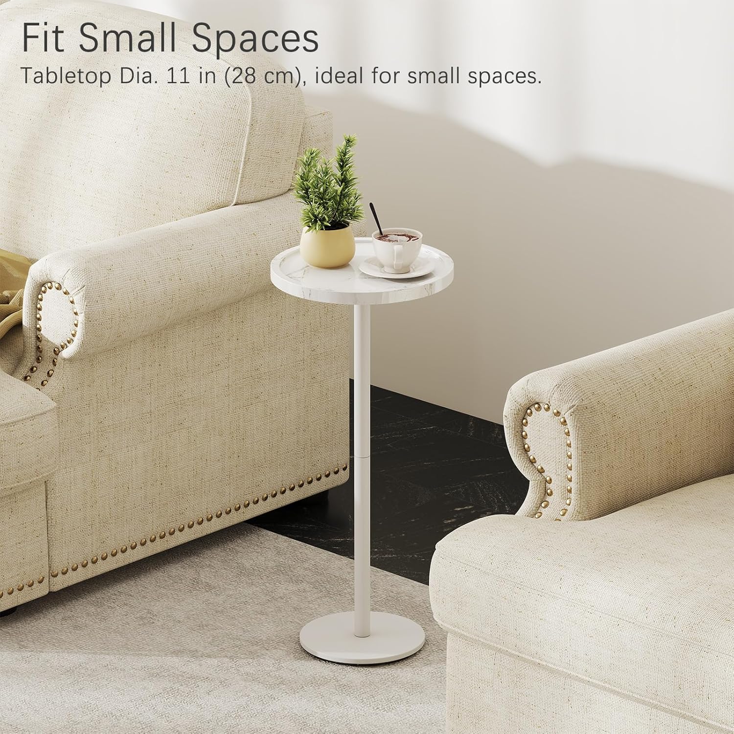 KJGKK Drink Table, 11 inch Dia., Small Pedestal Side Table, Round Cocktail Table, Circle End Table with Metal Base, for Small Spaces, Living Room, Bedroom, Faux Marble, White