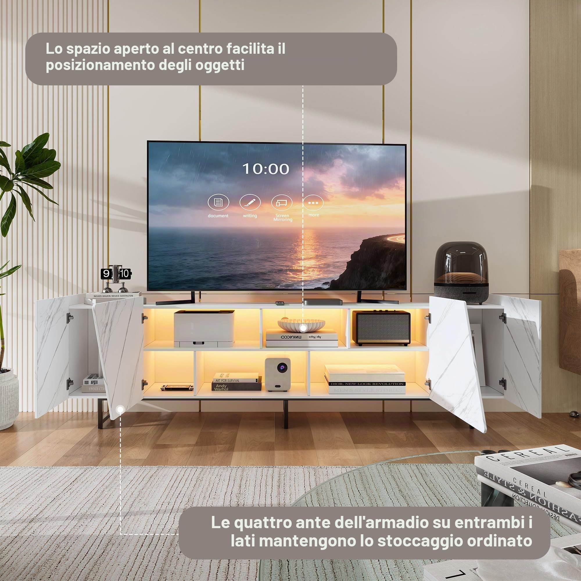 Armadio TV con LED - Mobile TV con 4 porte - Mobile TV basso - Comodino - Mobile TV con spazio aperto per soggiorno, sala da pranzo, camera da letto - Bianco - 220 x 34 x 67 cm