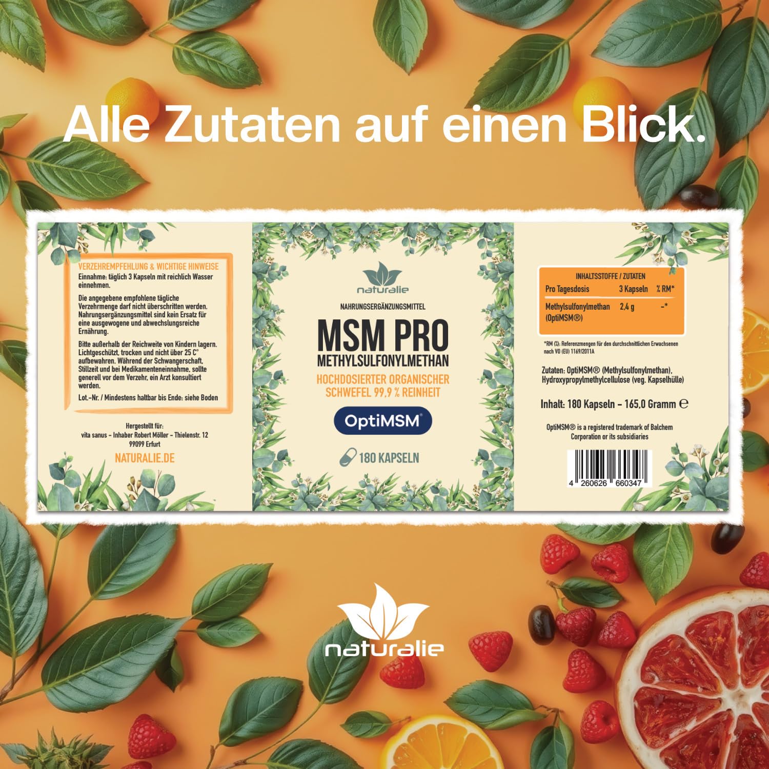 naturalie® MSM PRO - 1,6 g reines Methylsulfonylmethan pro Tagesdosis - 99,9% Reinheit dank OptiMSM™ mehrfach Destillation - ohne unnötige Zusatzstoffe - 180 Kapseln im BPA-freien Braunglas