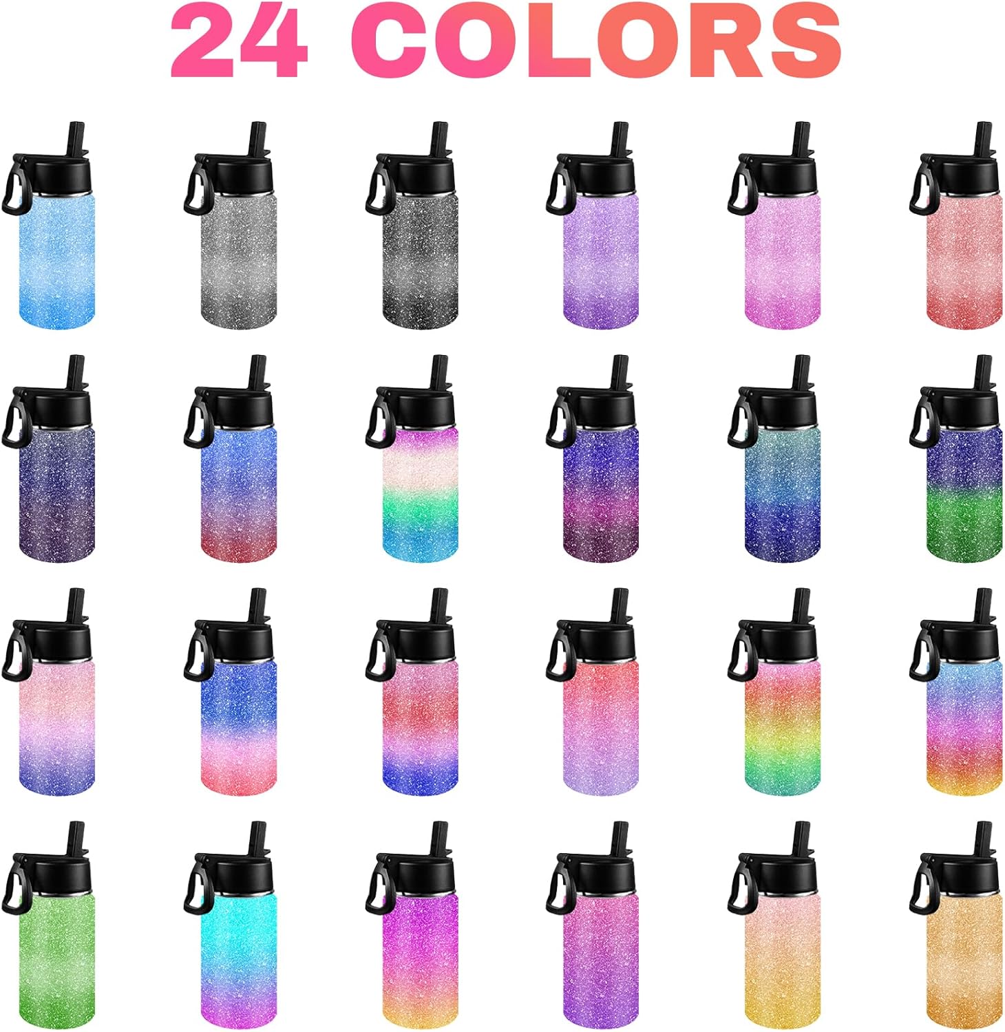 Personalized Kids Water Bottle with Names Glitter Bling Printed Custom Insulated Stainless Steel 12 Oz Water Bottles with Straw Gradient Color Sparkle Gifts for School Sports Travel