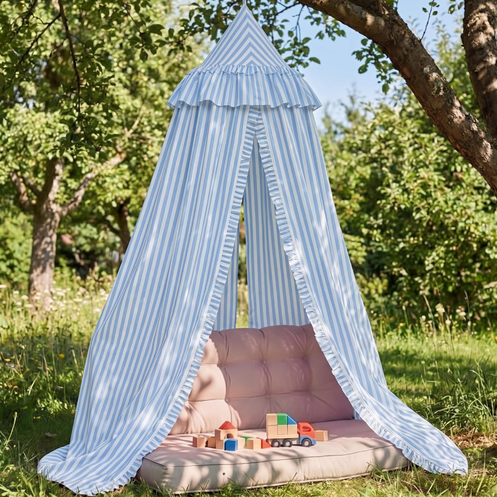 SmoothNovelty Blue Bed Canopy with Ruffles, Gingham Canopy for Over The Bed