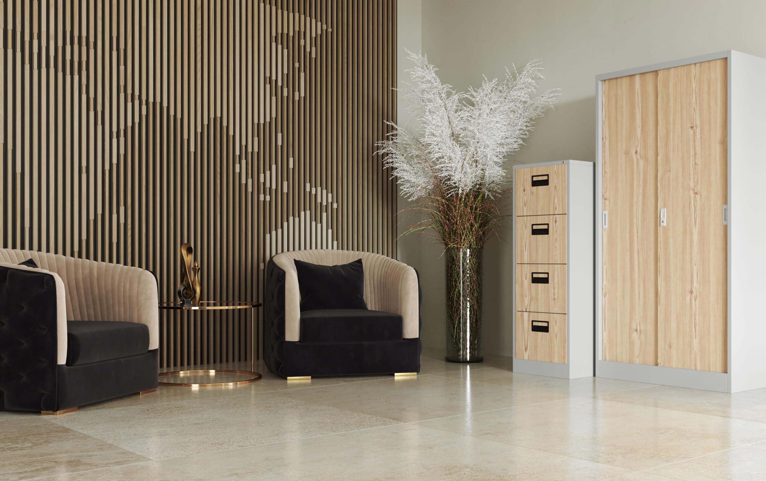 Jan Nowak Aktenschrank Büroschrank mit Schiebetüren Metall 4 Fachböden Pulverbeschichtung Abschließbar 185 cm x 90 cm x 40 cm (Weiß/Holzoptik)