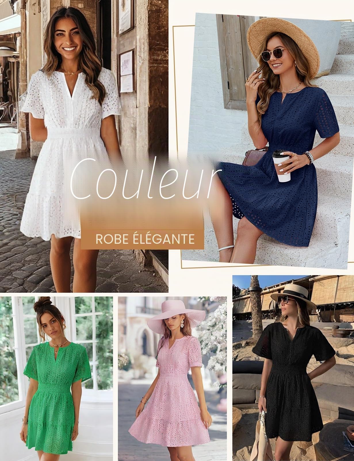 Yuson Girl Robe Femme Ete Robe Boheme Chic et Elegant Robe Short Robes à Manches Courtes de Plage Décontracté Casual Robe Col V Taille Haute Mini Robe