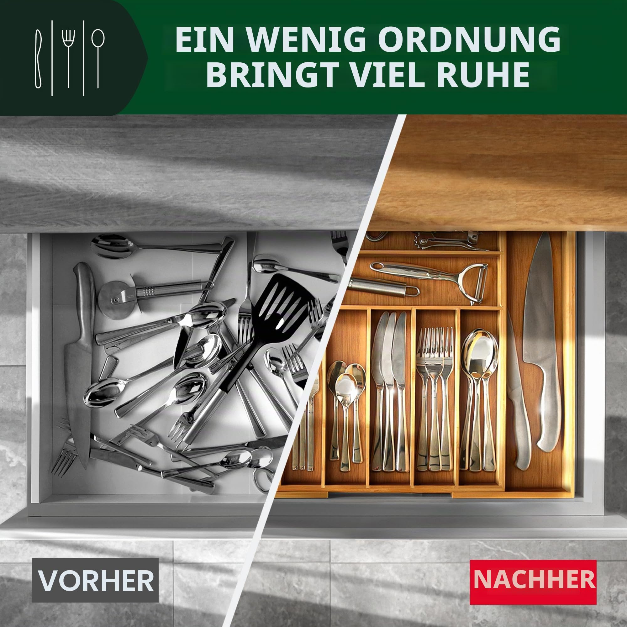 Luxuriöser Bambus-Küchen-Schubladen-Organizer – Besteck-Organizer – Utensilienhalter und Besteckkasten mit gerillten Schubladenteilern für Besteck und Küchenutensilien (9 Fächer, natur)