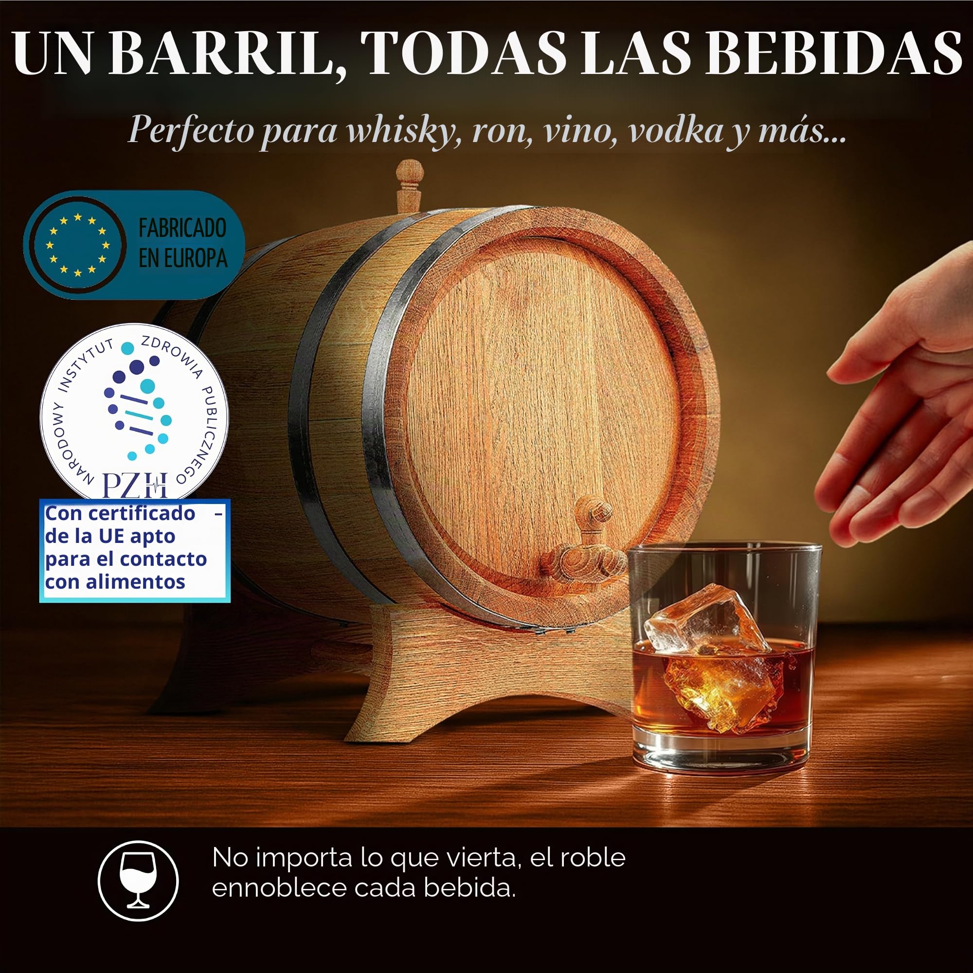 Barril de madera de roble natural 50L – Hecho a mano, ideal para vino, whisky, brandy y más, con soporte, tapón y grifo, barril de madera Barril de roble de 50 litros
