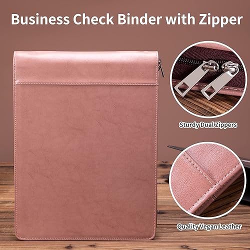 Miniatura 9 de Geslun Carpeta de 7 anillos de 3 por página, carpeta de cheques de negocios de cuero vegano con cremallera con 3 soportes para bolígrafos para 600