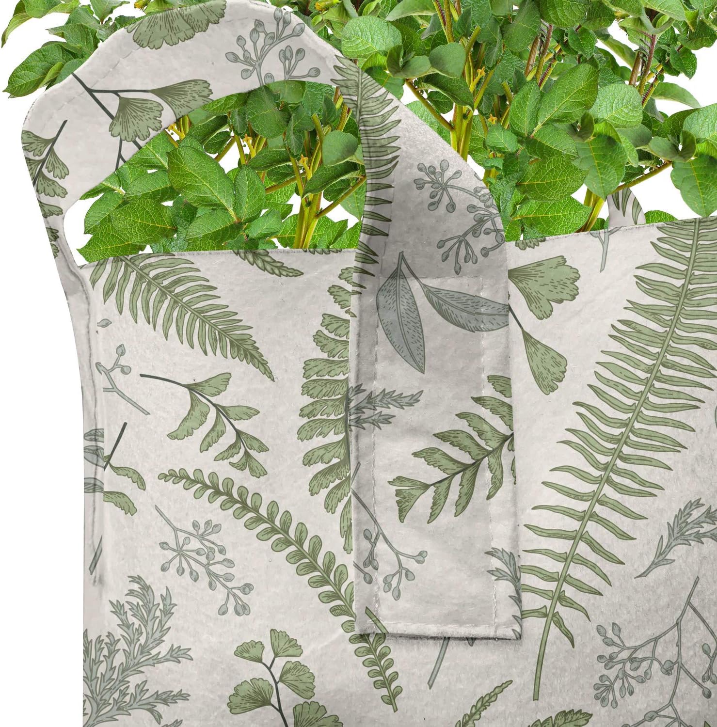 Lunarable Vintage Grow Bags 5-Pack, Floral Pattern with Leaves, Heavyduty Fabric Pots with Handles for Plants, Reseda Green Sage Green
