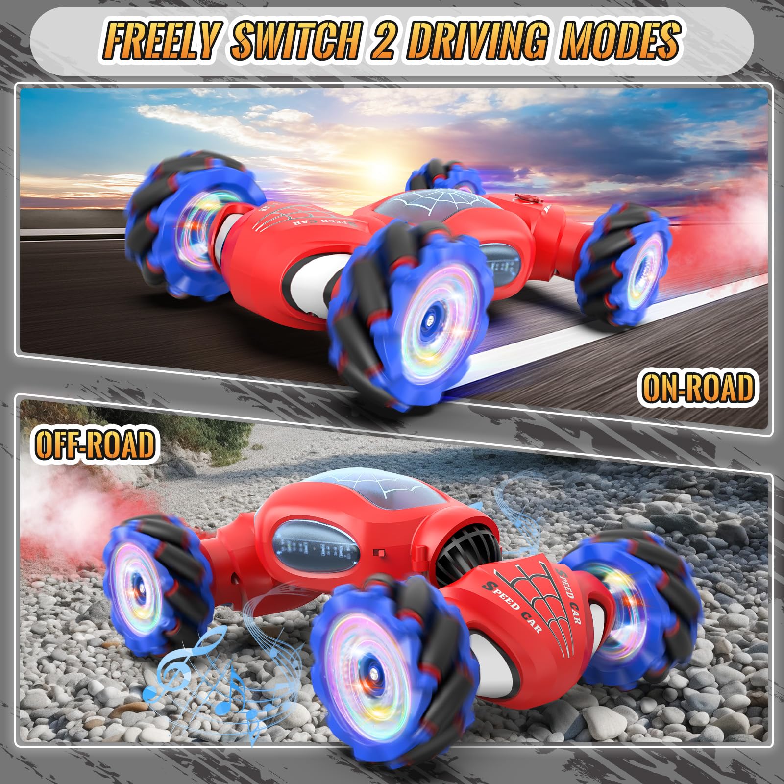 Pristar Macchina Telecomandata per Bambini 6-12 anni Auto Telecomandata con controllo manuale Regalo per ragazzi Regalo per ragazze Giocattolo 4WD 2,4 GHz RC Auto Stunt Car con spruzzatore di luce LED