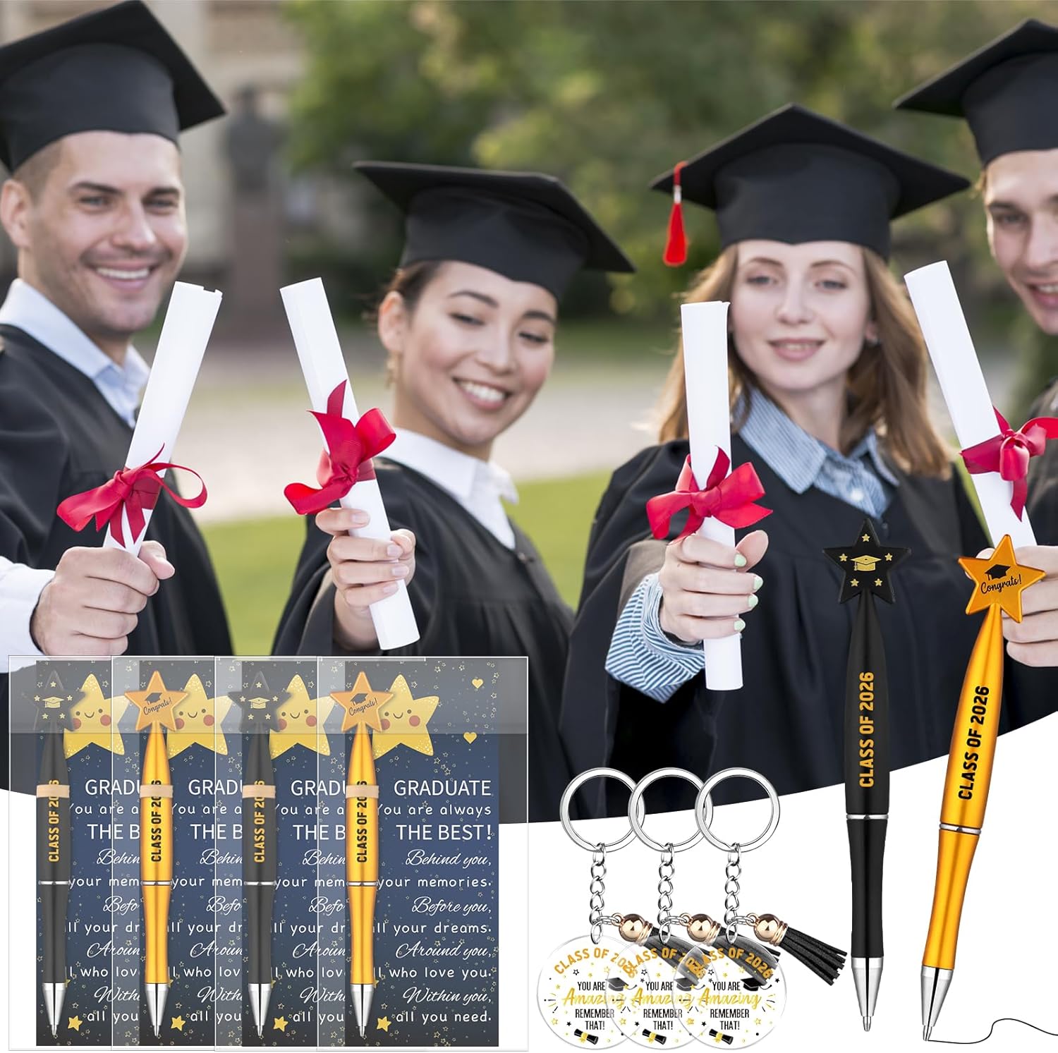 48 Sets Graduation Gifts Class of 2026 Ballpoint Pens Inspirational Keychains Thank You Motivational Cards Gift Bags Graduation Party Favors Congrats Grad Gifts for College High School