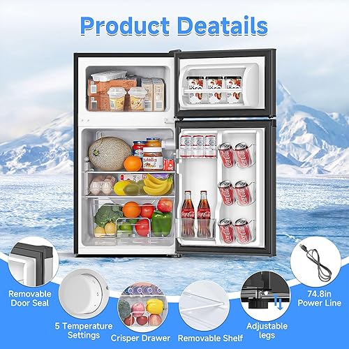 Miniatura 3 de Mini refrigerador de 3.2 pies cúbicos con congelador, ahorro energético, congelador vertical de doble puerta para dormitorio, oficina y dormitorio