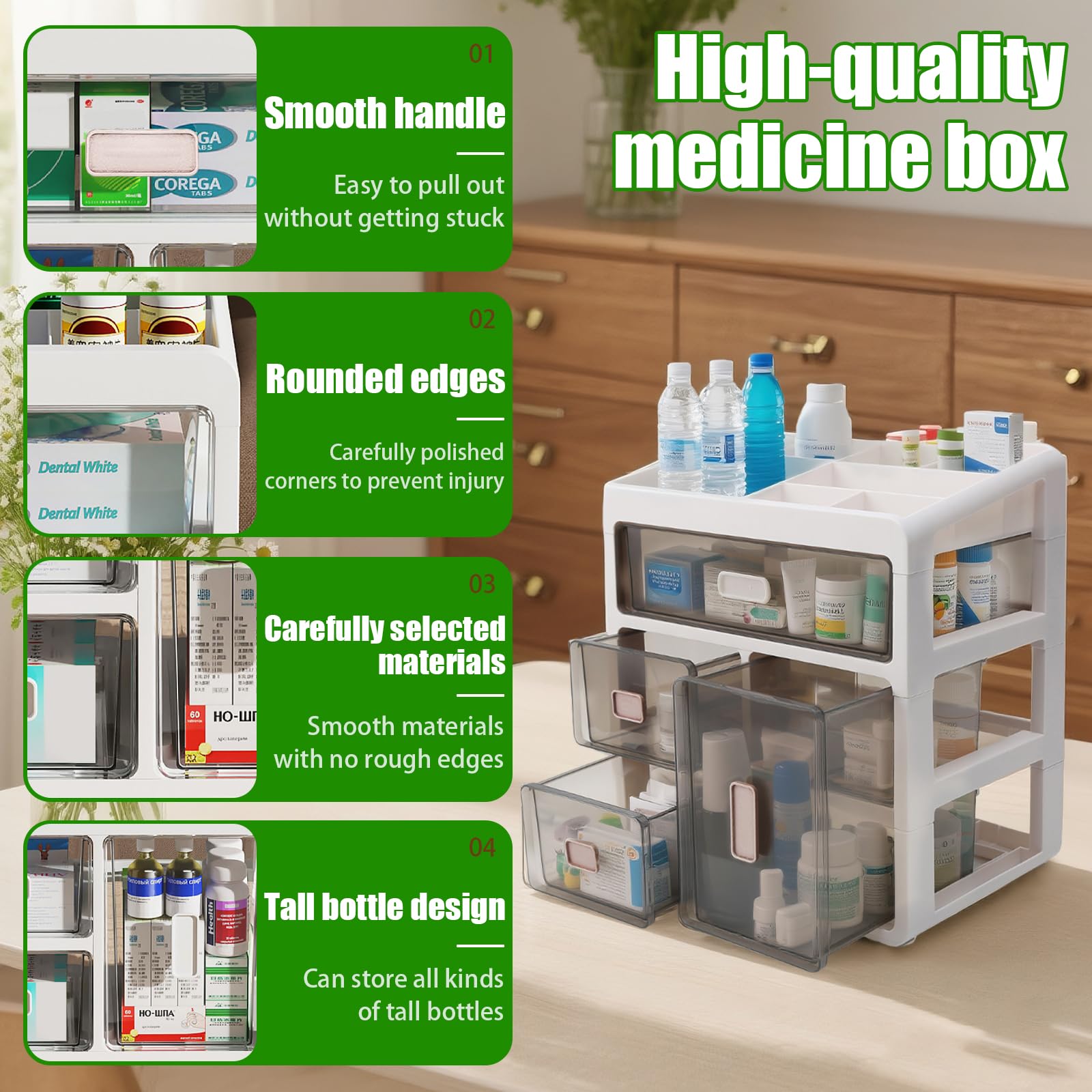 Caja de almacenamiento de medicamentos, caja de medicamentos de 4 niveles, contenedor de medicamentos, contenedor de almacenamiento para el hogar, oficina, dormitorio