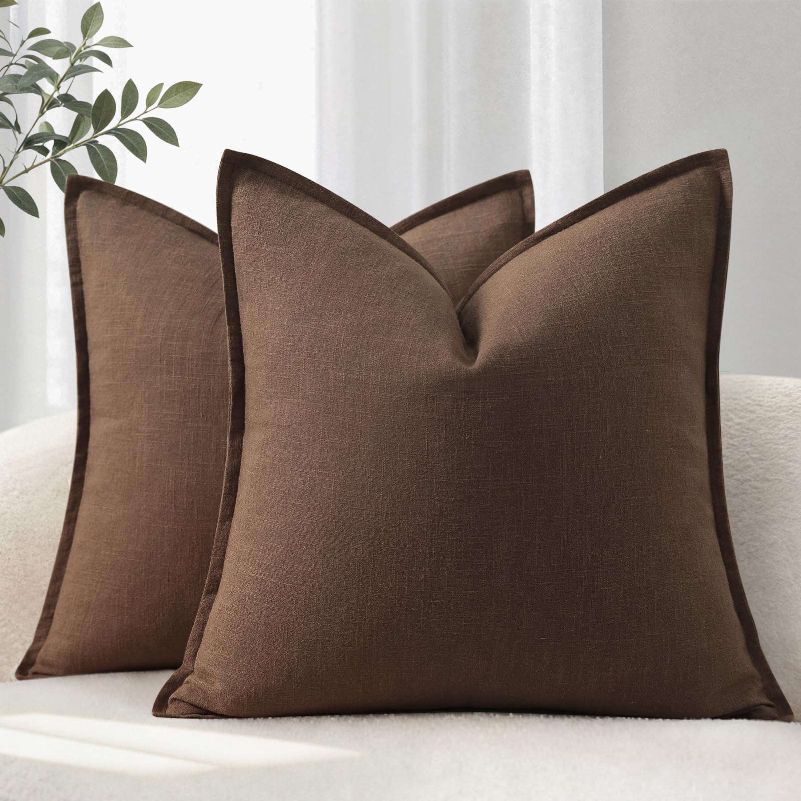 YCOLL Cushion Covers 40x40 cm Set of 2 – Soft Natural Linen Cushions with Trim, Solid Colour Decorative Cushion Cover for Sofa, Couch, Bed and Living Room, Brown