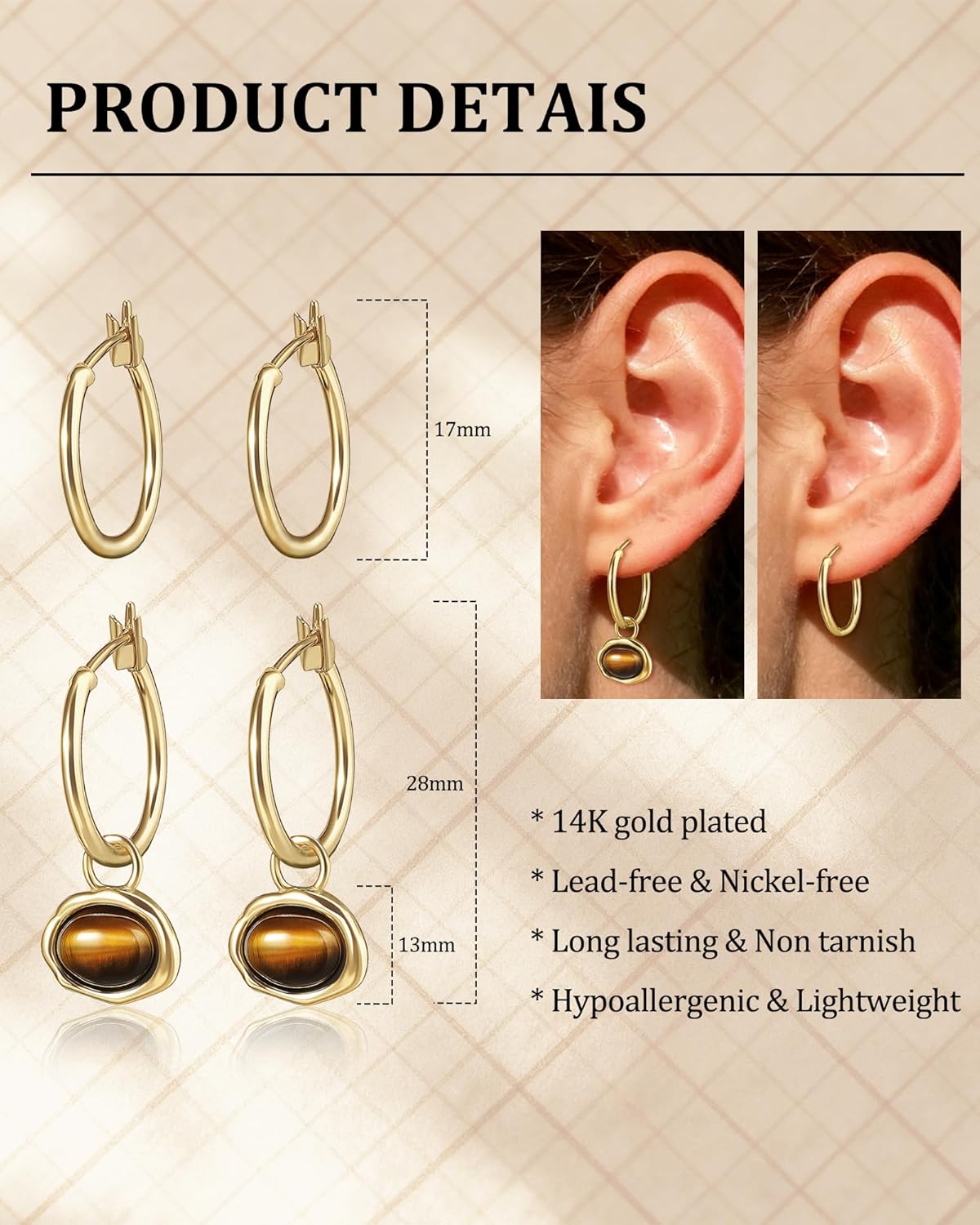 Tiger Eye Earrings for Women, 14K Gold Plated Dangle Earrings with Brown Gemstone, Hypoallergenic Bohemian Jewelry Gift - Image 4