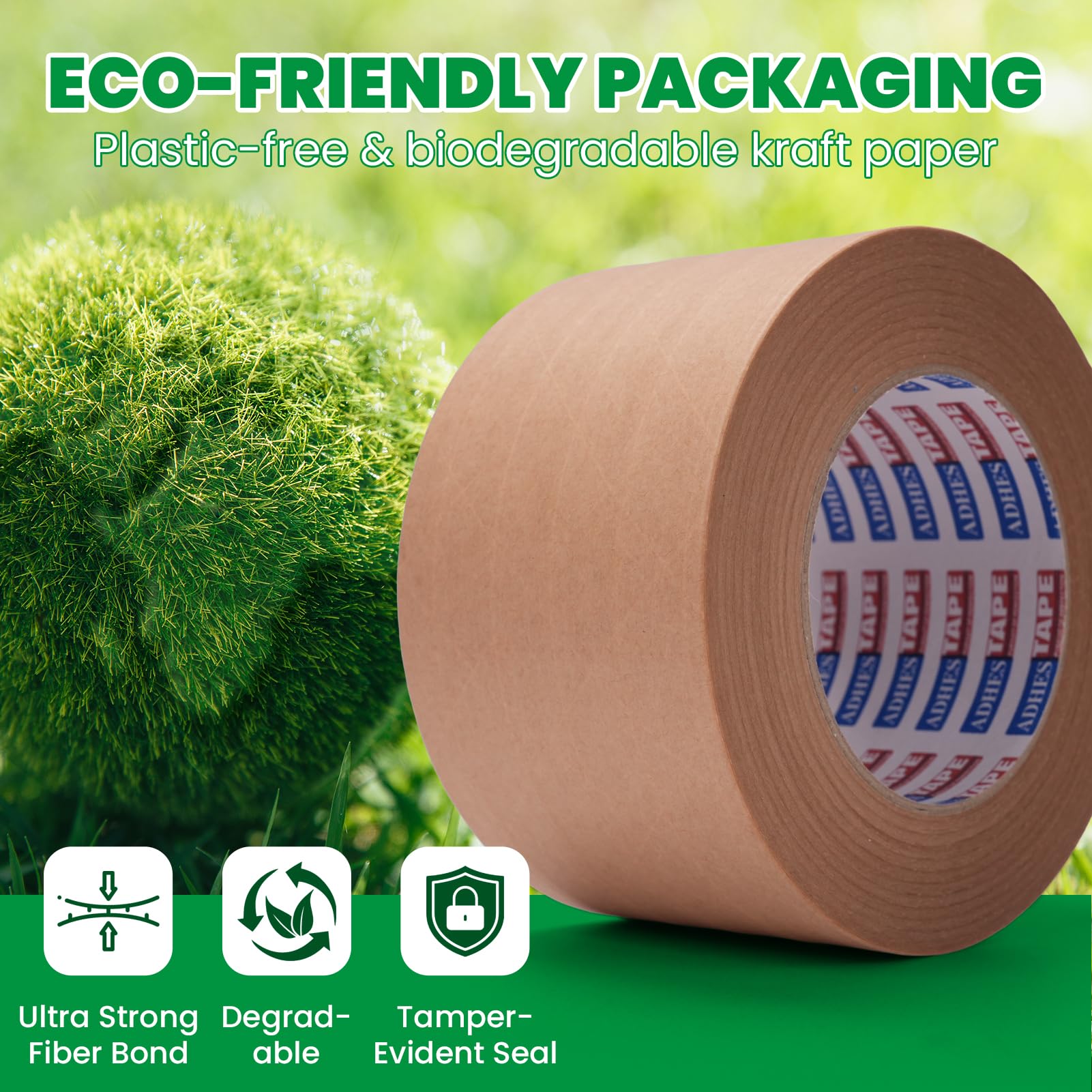 ADHES 6 Rollos 50mm x 50m Cinta Adhesiva Cinta KraftReforzada con Fibras, Autoadhesiva Cinta de Embalaje de PapelKraft Marron para Transporte Ecologico Movil