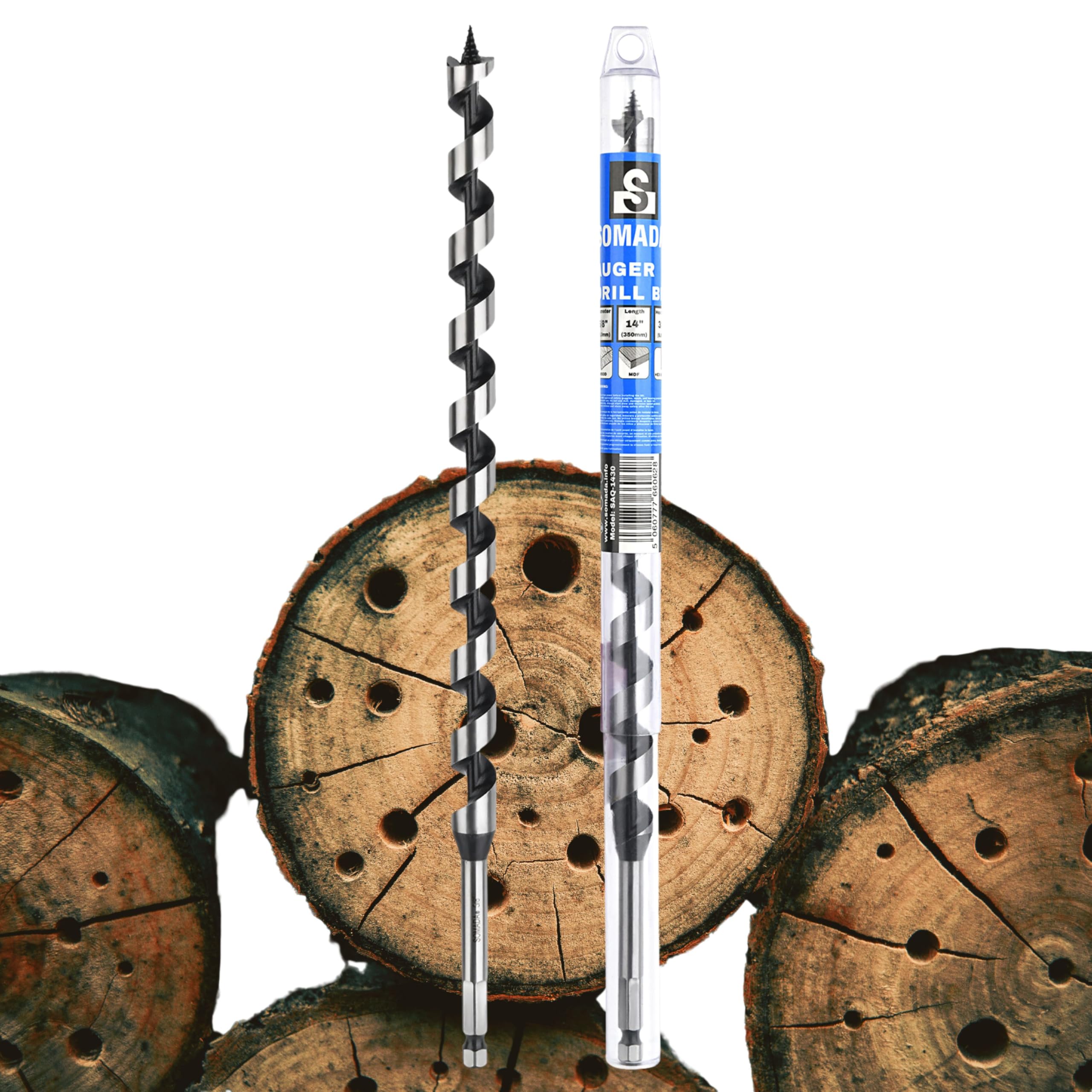 SOMADA 5/8-Inch x 14-Inch Auger Drill Bit for Wood, Hex Shank 3/8-Inch One Piece, Ship Auger Long Drill Bit for Soft and Hard Wood, Plastic, Drywall