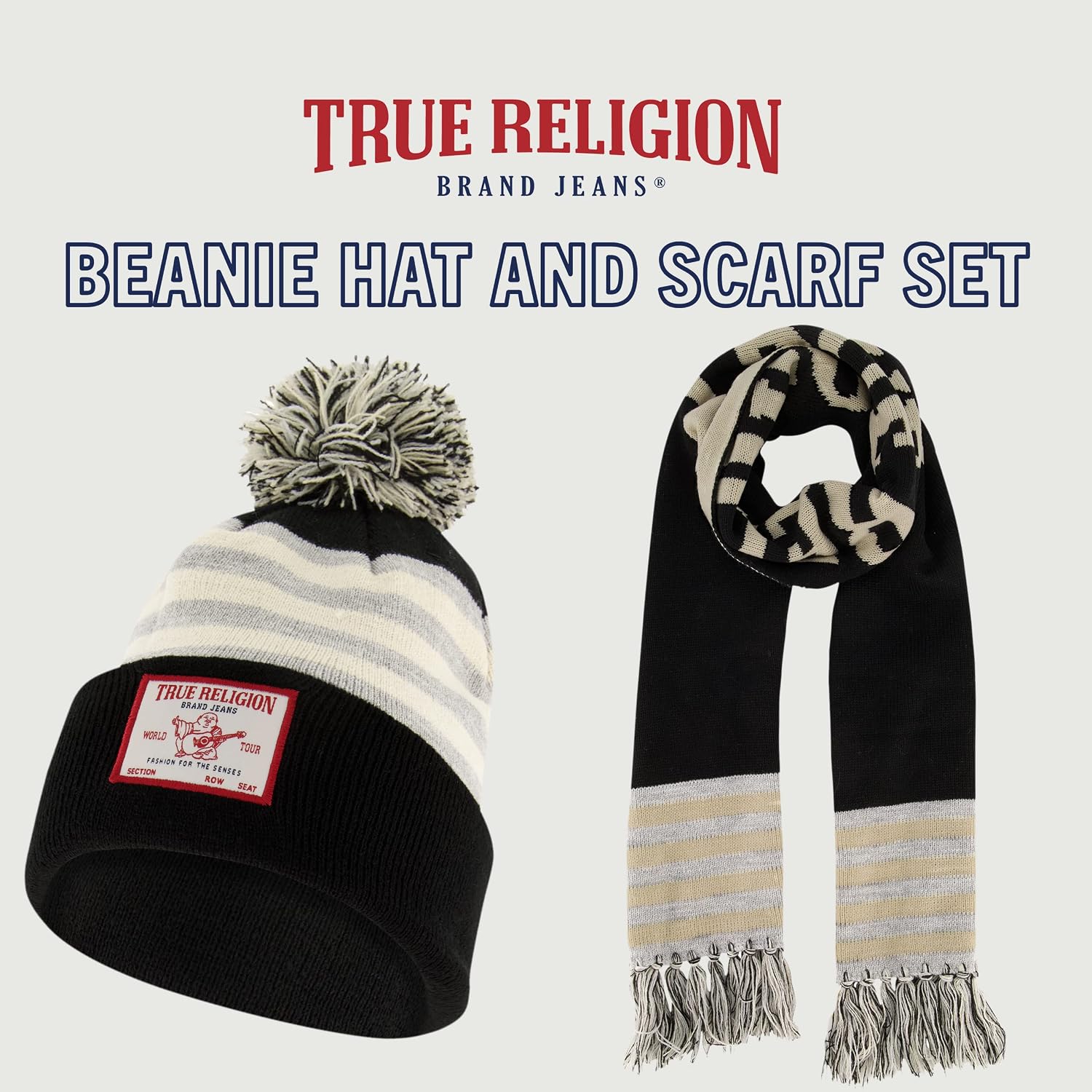 True Religion Women's True Religion Beanie Hat and Scarf Set, Winter Cuffed Knit Cap With Pom and Stadium Style Scarf