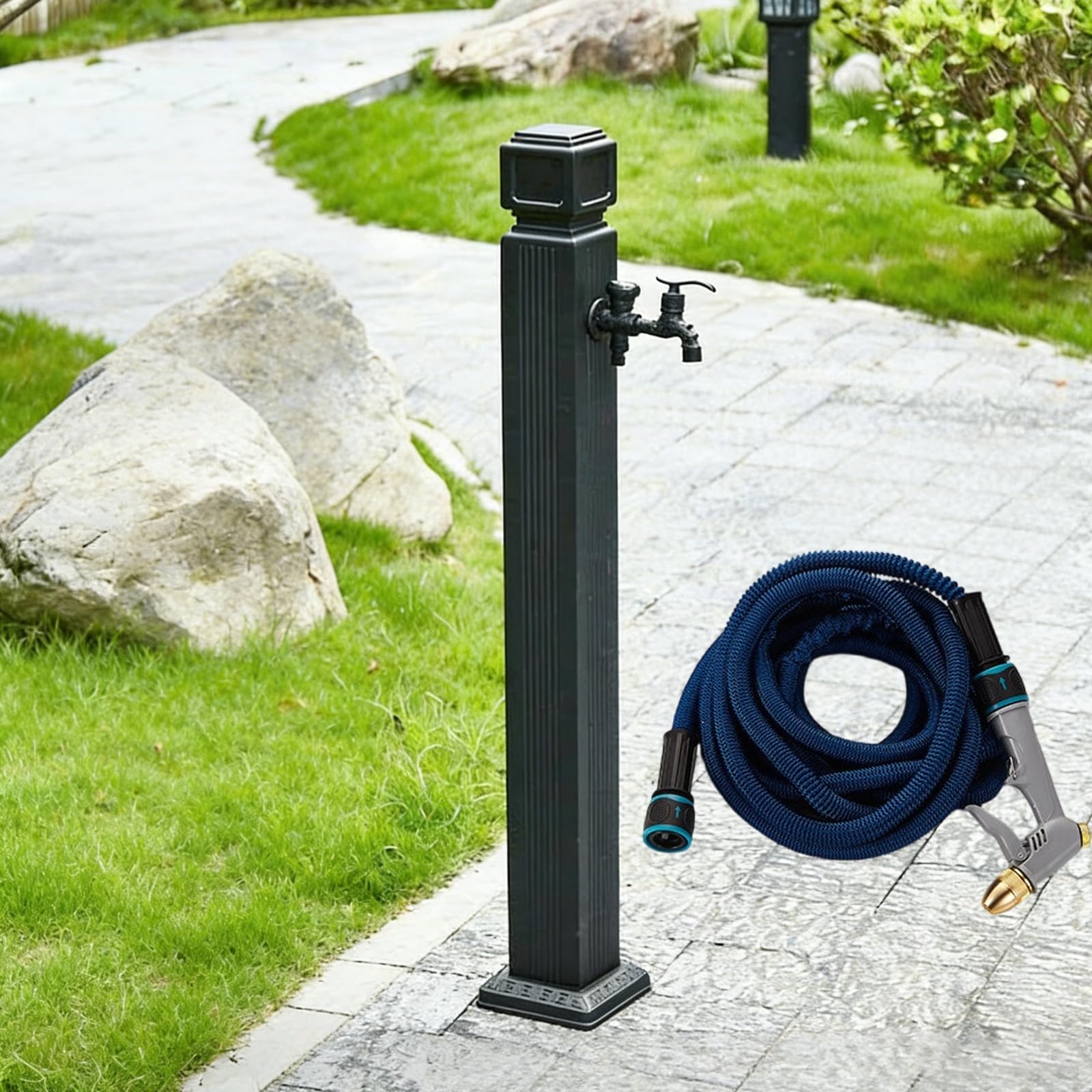 XDLEDMKIZ Garden Hydrant, Freestanding Aluminum Water Column with Copper Faucet & Spray Gun, Frostproof Outdoor Spigot for Lawn and Yard Wat