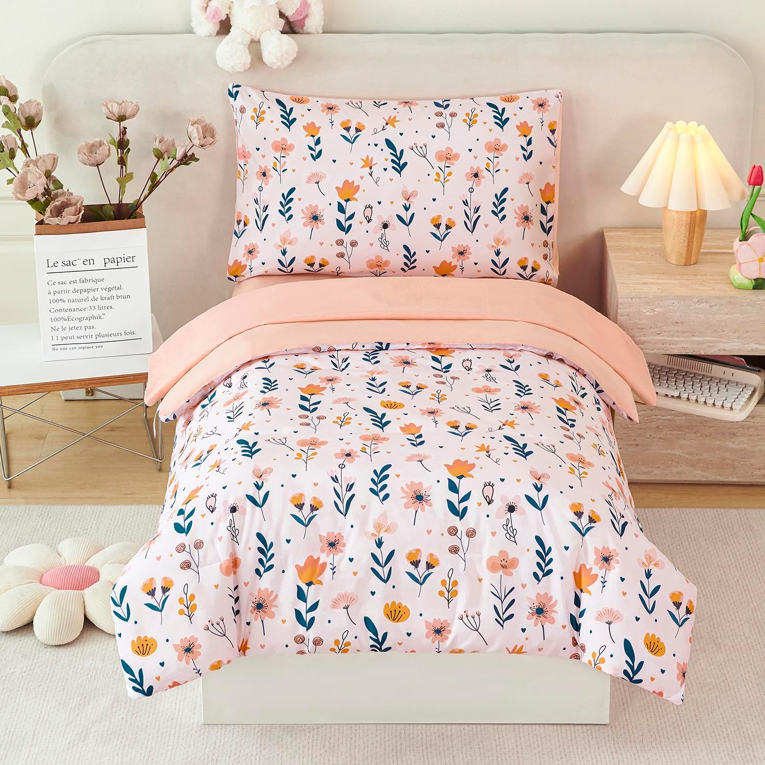 URBONUR Cute Floral Toddler Bedding Set for Girls, 4 Piece Bed-in-a-Bag Toddler Microfiber Comforter Sheet Set, Botanical Flowers Printed, All Season Easy Care