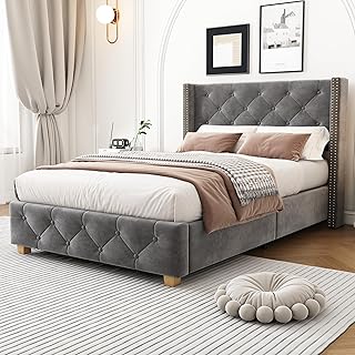 ModernLuxe Upholstered 3FT Single Bed, Elegant Bed Frame with Reinforced Slatted Base, Classic Button-Tufted Headboard, Stylish Rivet Upholstery Detailing, Wooden Legs, Velvet, Grey, 90x190cm