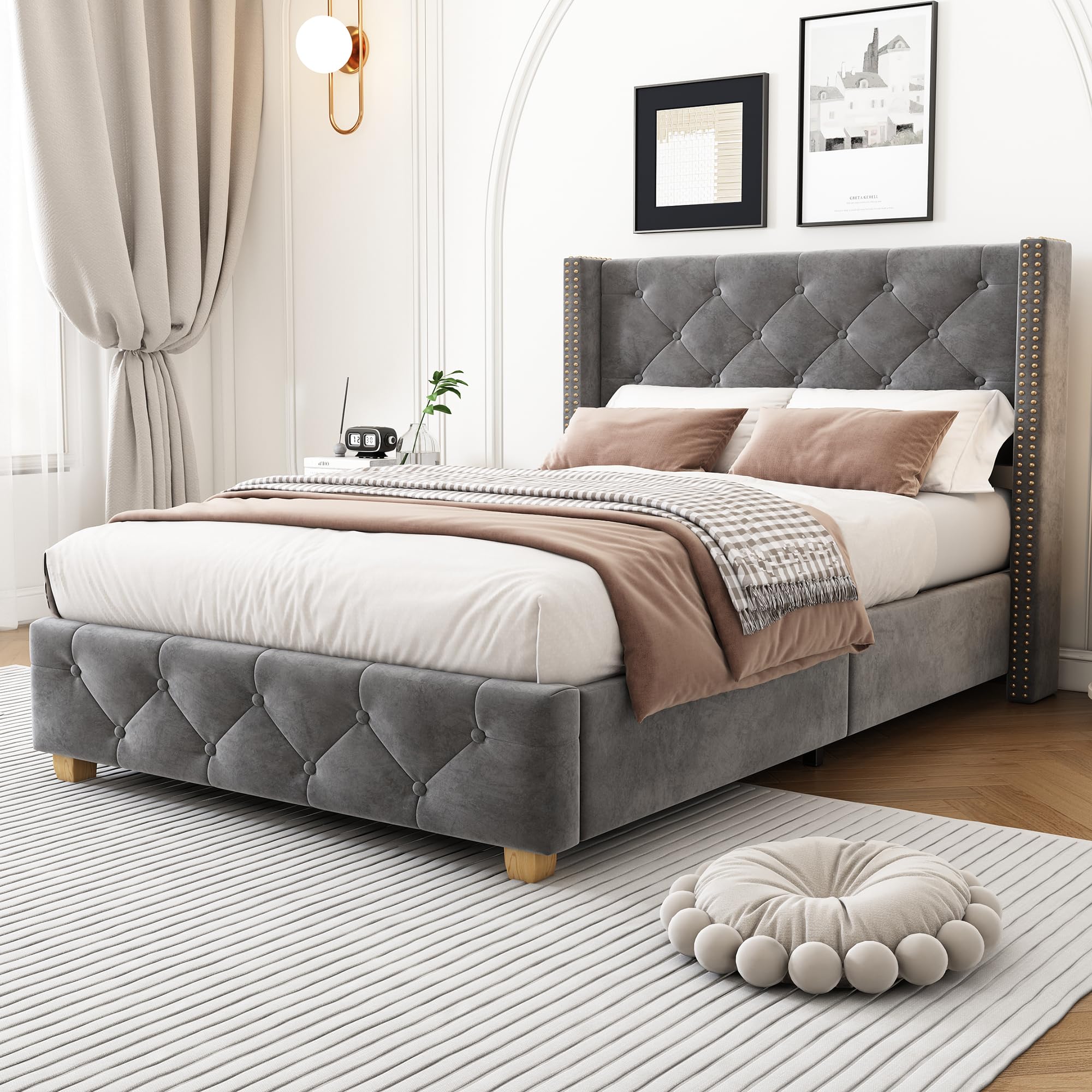 Massbinet Upholstered bed Single Bed-3ft(90 * 190cm) With slatted frame and headboard Button upholstery Rivet upholstery Wooden legs Velvet Grey
