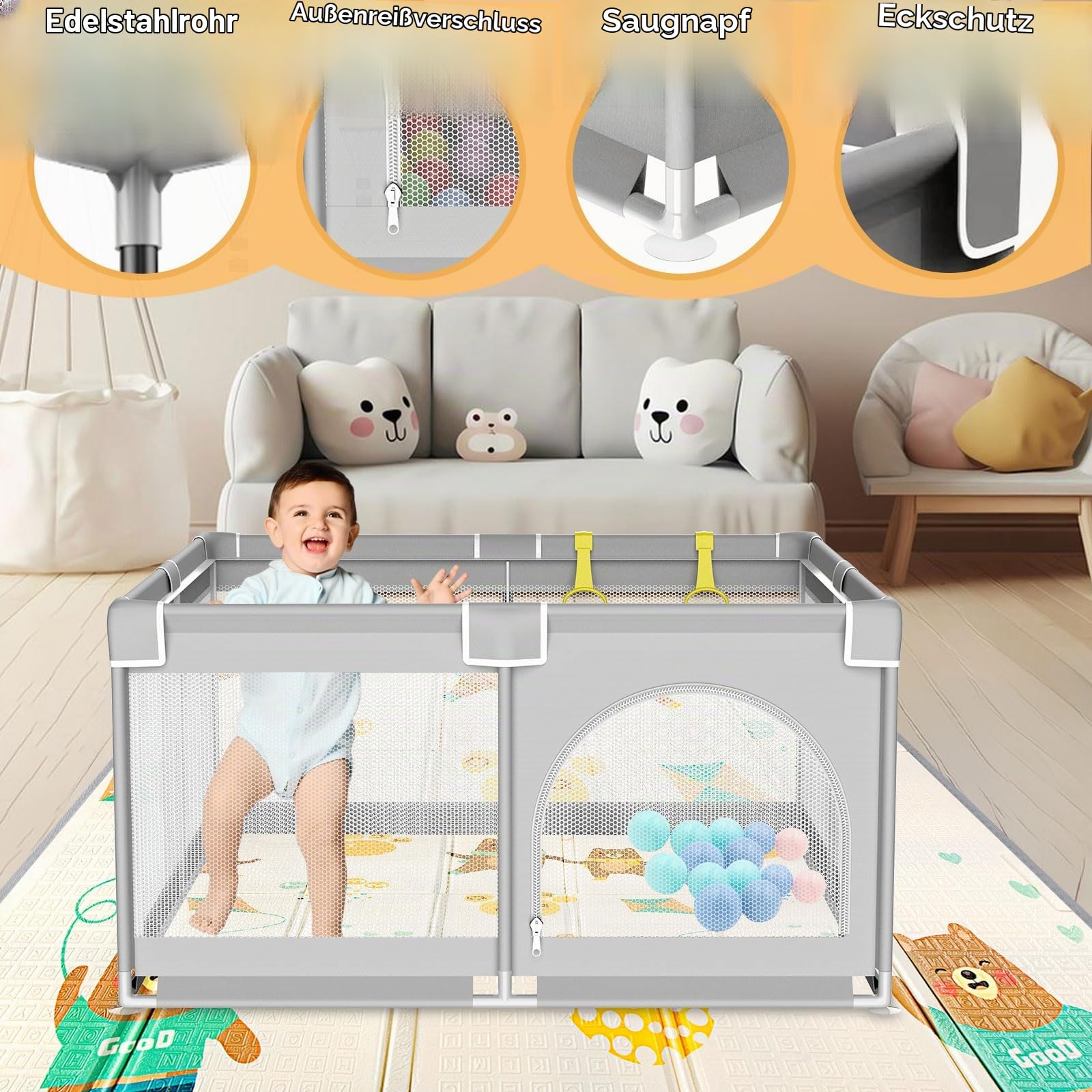 Laufgitter Baby mit Matratze 120x120cm Laufstall,Laufgitter Baby Atmungsaktivem Netz an Vier Seiten,mit 4 Rutschfeste Saugnäpfen Laufstall Faltbar mit Schaum Matte,Reißverschlusstür