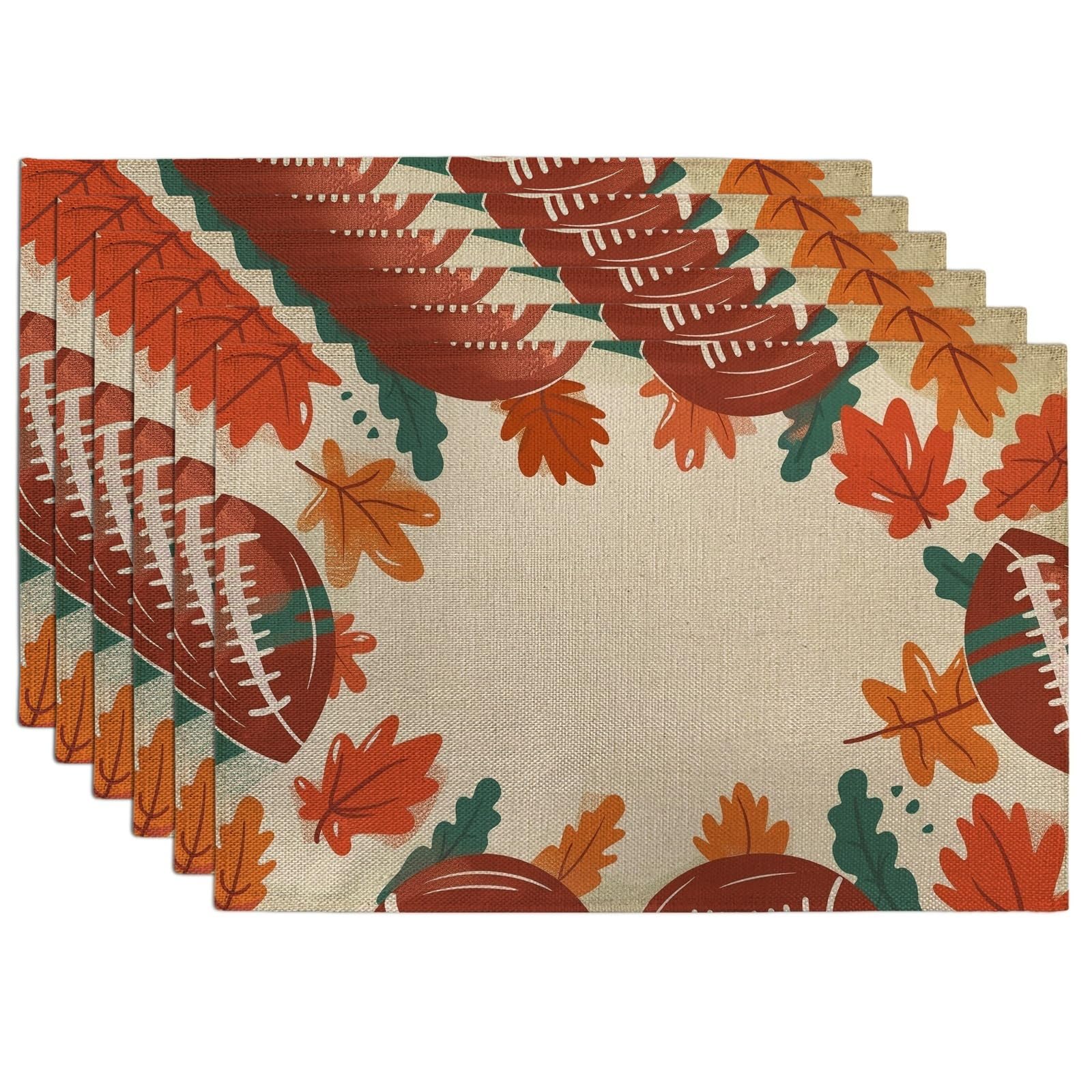 Fall Football Leaves Placemats, Orange Rustic Leaf Place mats for Dining Table, Non-Slip Washable Indoor Outdoor Party Decorative Placemat Set of 6