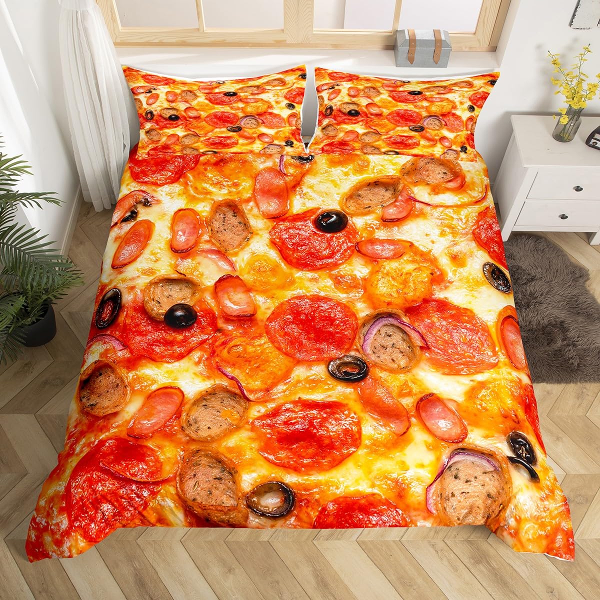 Homemissing Multicolored 13216 Pizza Comforter Cover Prosciutto Pizza Bedding Set Giant Funny Food Duvet Cover Kids Toddler 3D Food Themed Bedspread Cover Decor Quilt Cover Single