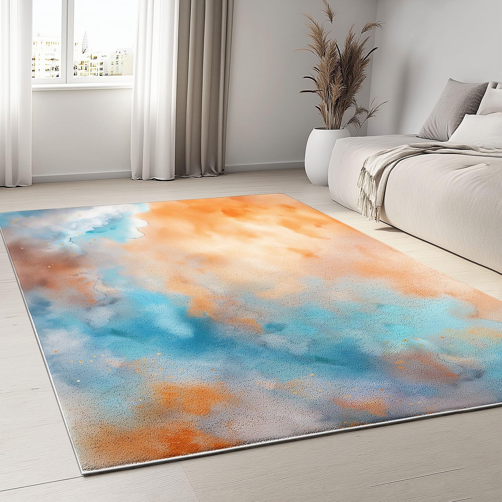 Tapis Descente de Lit 80 x 150 cm, Moquette de Sol Antidérapant et Lavable, Abstrait Art Peinture Nuages - Tapis d'Intérieur Pliable à Poils Courts pour Cuisine, Chambre à Coucher - Orange Clair