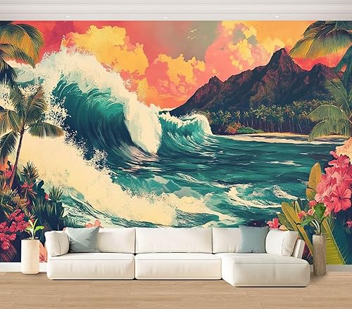Hawaii - Mural de pared retro exótico exótico tropical con olas de playa, paisaje, vintage, despegar y pegar, autoadhesivo, extraíble, adhesivo de