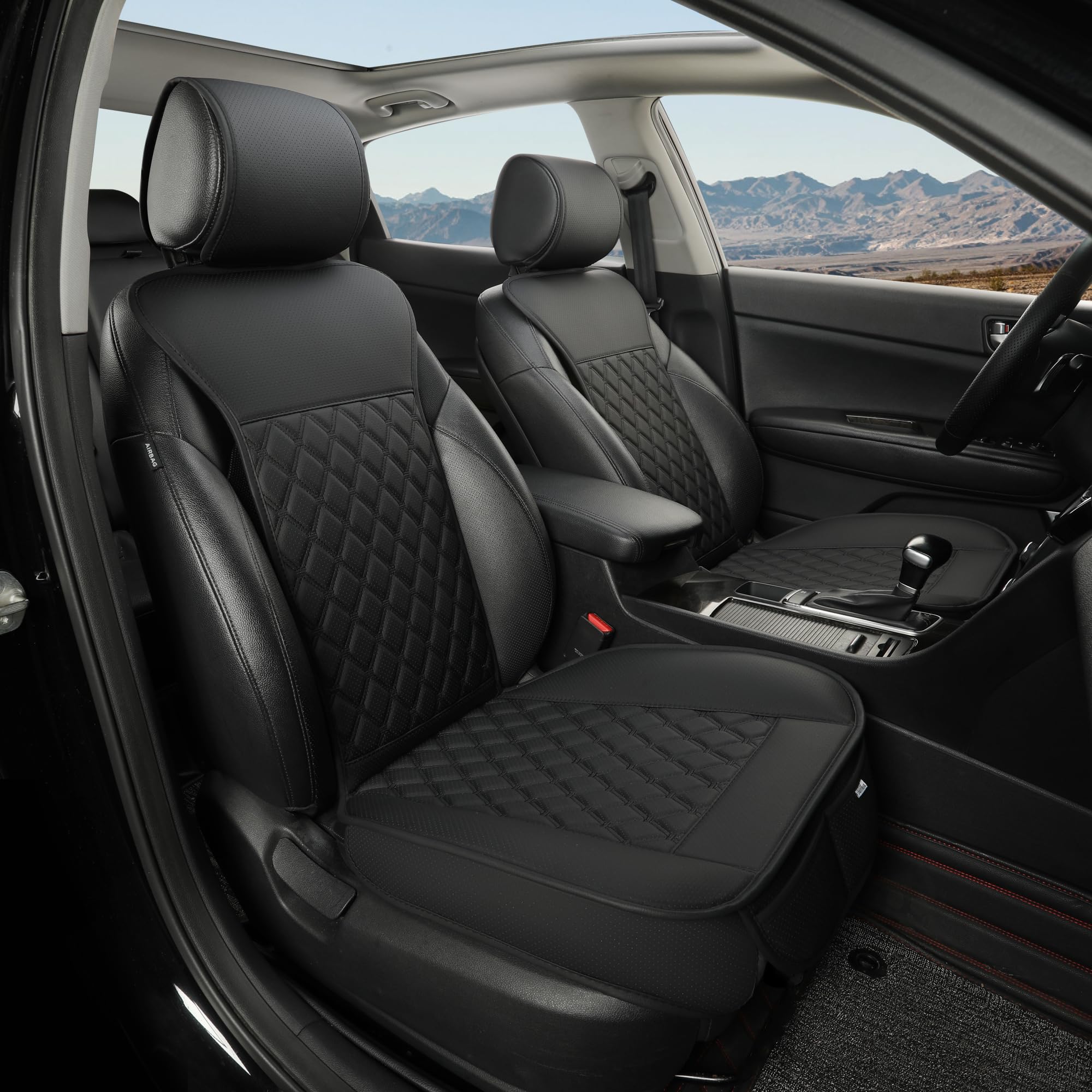 Black Panther 2er-Set Autositzbezüge für Vordersitze mit Kopfstützenbezügen – PU-Leder, Atmungsaktiv | Universelle Passform | Rundumschutz für die Sitzunterseite | Komfortpolsterung