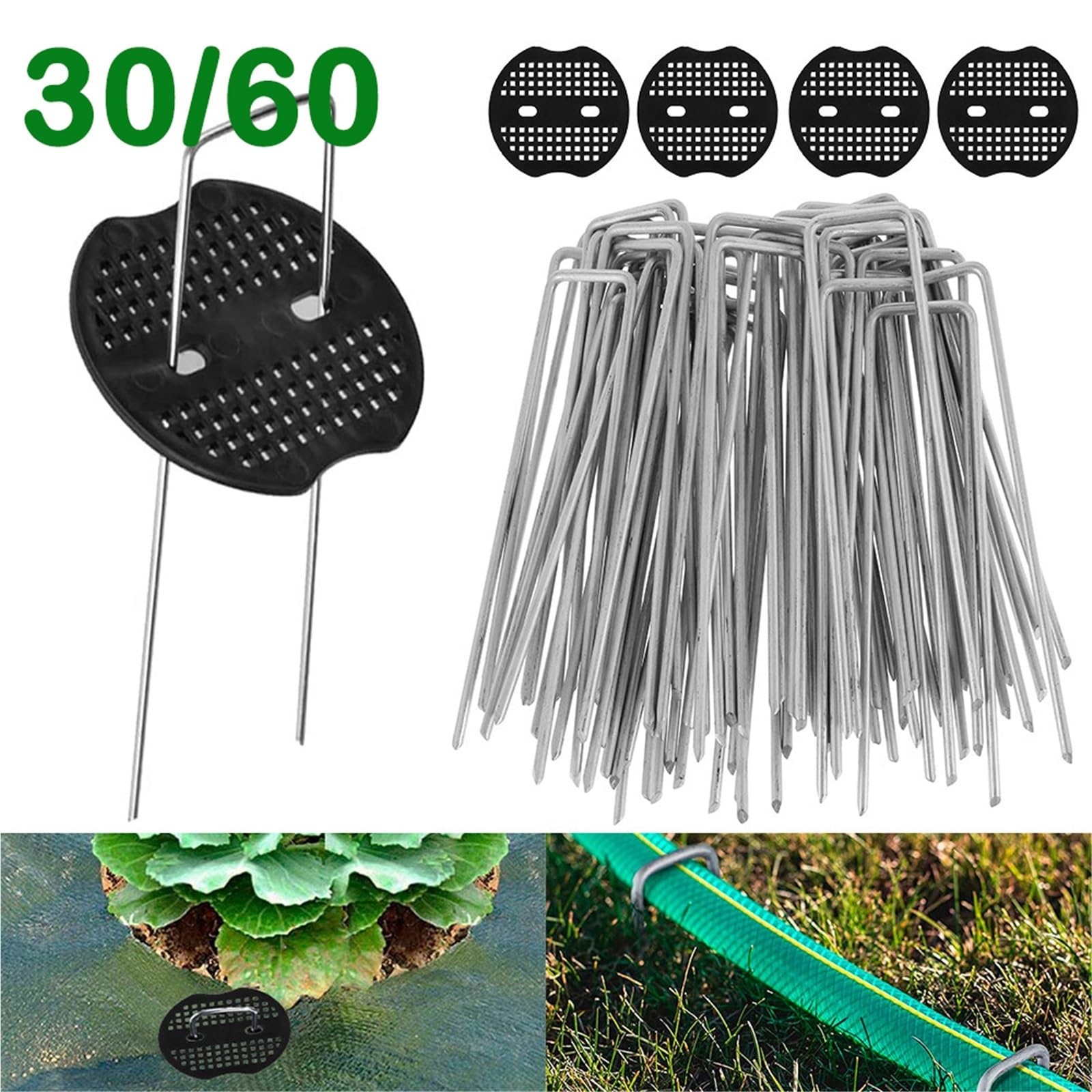 Picchetti Da Giardino A U 30/60 picchetti da terra a forma di U con rondelle di protezione, picchetti da giardino for il fissaggio di reti in tessuto for il paesaggio contro le erbacce Per Tessuto, Er