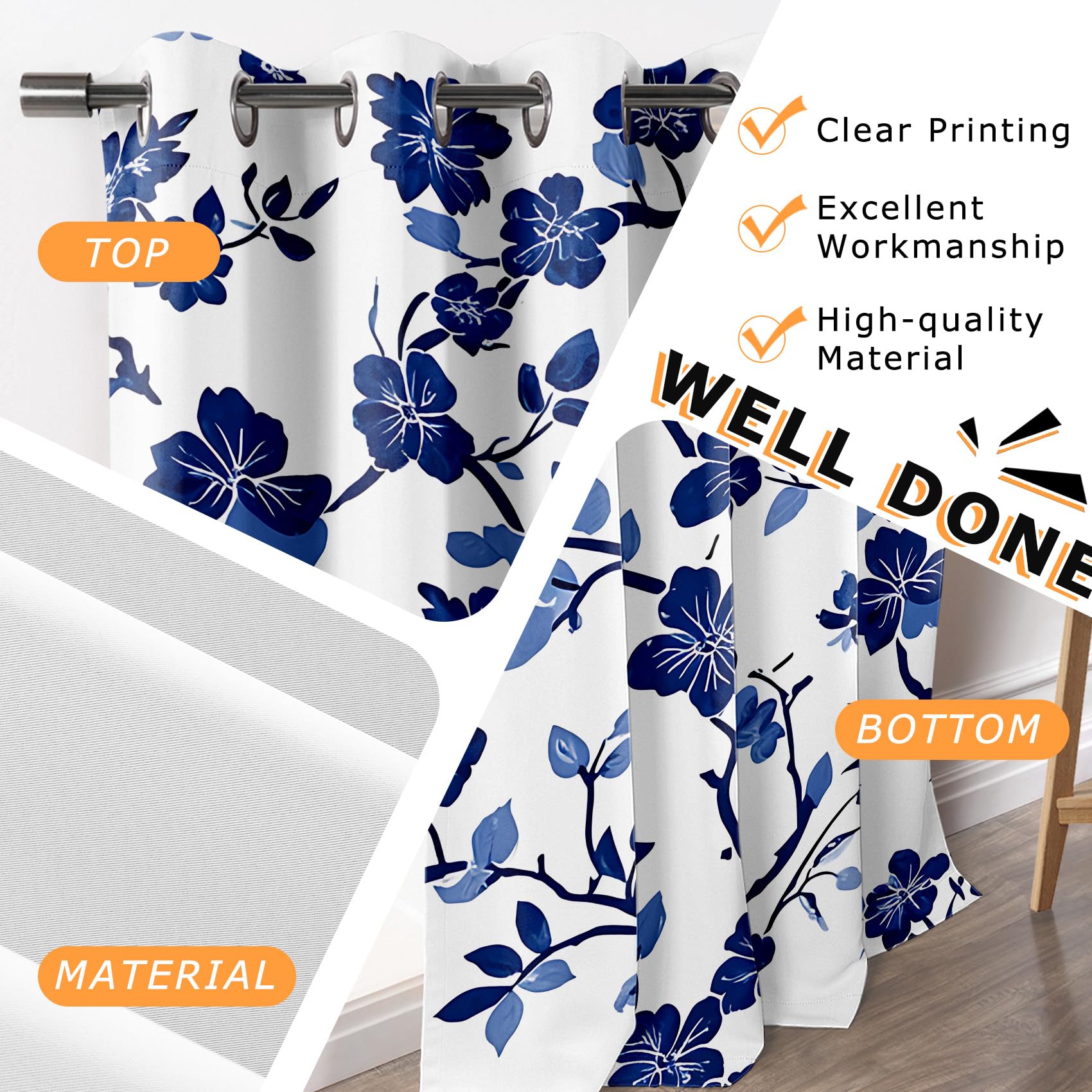 Rideau Occultant Floral - Rideau Thermique Motif Chinoiserie Fleurs Bleu, Rideaux Chambre Salon Fenetre, Lot de 2 Rideaux et Draperies Intérieurs à Oeillets, 140x260 cm (LxH) E#-187