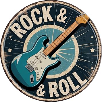 Rock and Roll Metal Sign 8x8in Round Music Plaque for Garage Wall Decor Band Gift