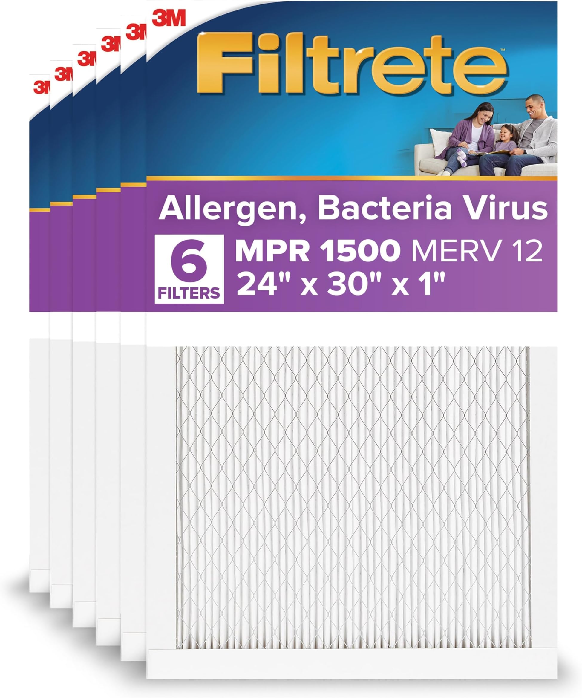 Filtrete 24x30x1 AC Furnace Air Filter, MERV 12, MPR 1500, CERTIFIED asthma & allergy friendly, 3 Month Pleated 1-Inch Electrostatic Air Cleaning Filter, 6-Pack (Actual Size 23.81x29.81x0.78 in)