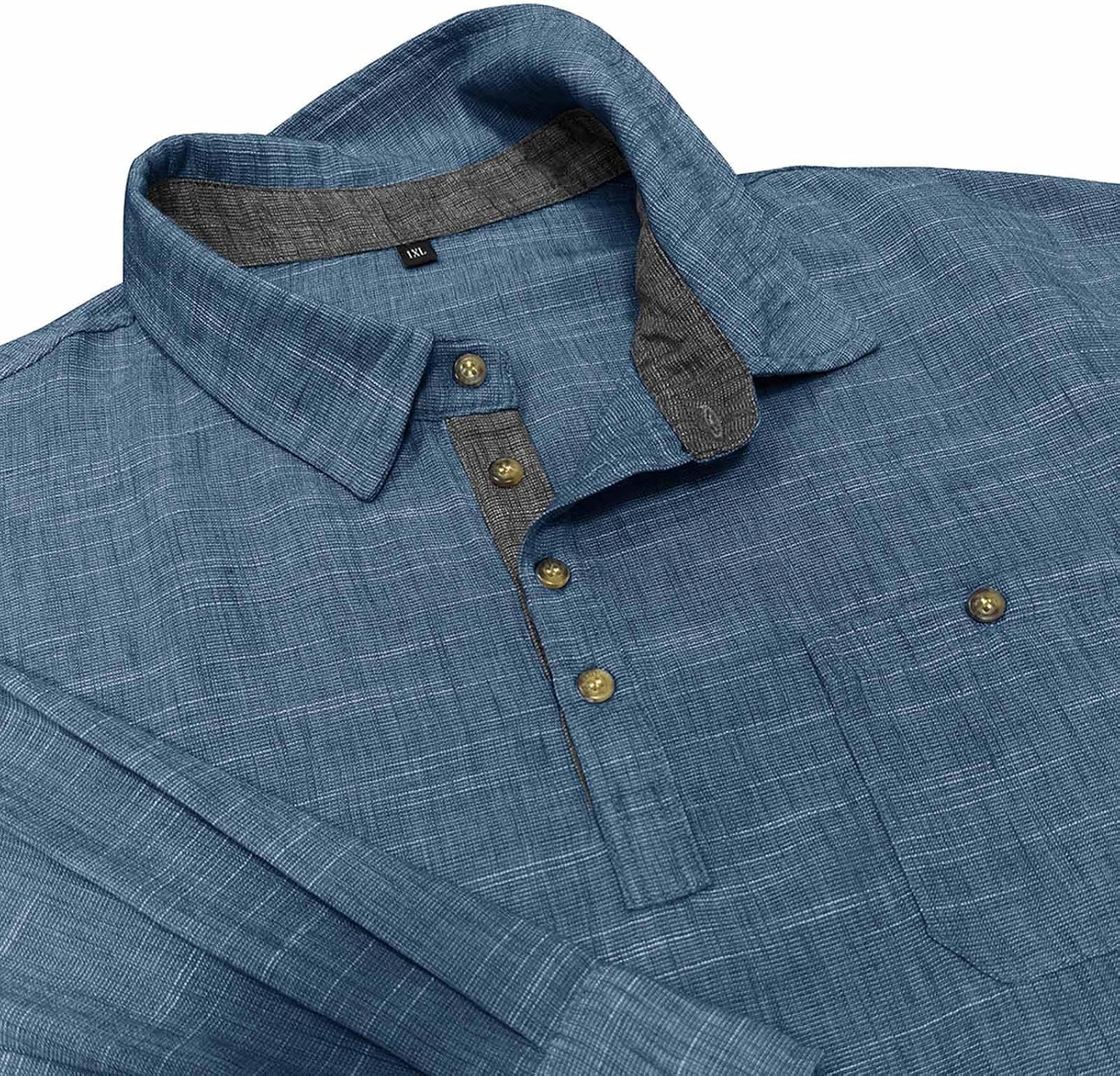 Men Textured Henley Shirts Long Sleeve Fashion Casual Tops | Woven Linen Texture, Spread Collar Shirts, Four Button Placket, Single Chest Pocket, Rugged Fall Layering