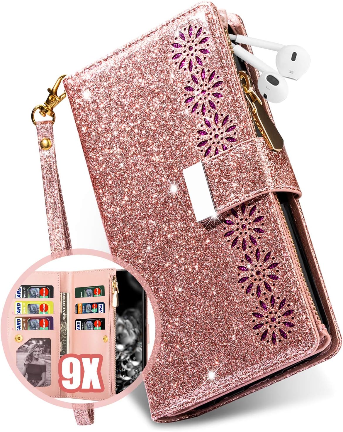 LG Stylo 5 Case Wallet for Women/Girls with Card Holder,Vodico Cute Girly Flip Folio Glitter Sparkly Bling Leather Zipper Pocket Magnetic Clasp Full Body Folding Phone Purse with Strap (Rose Gold)