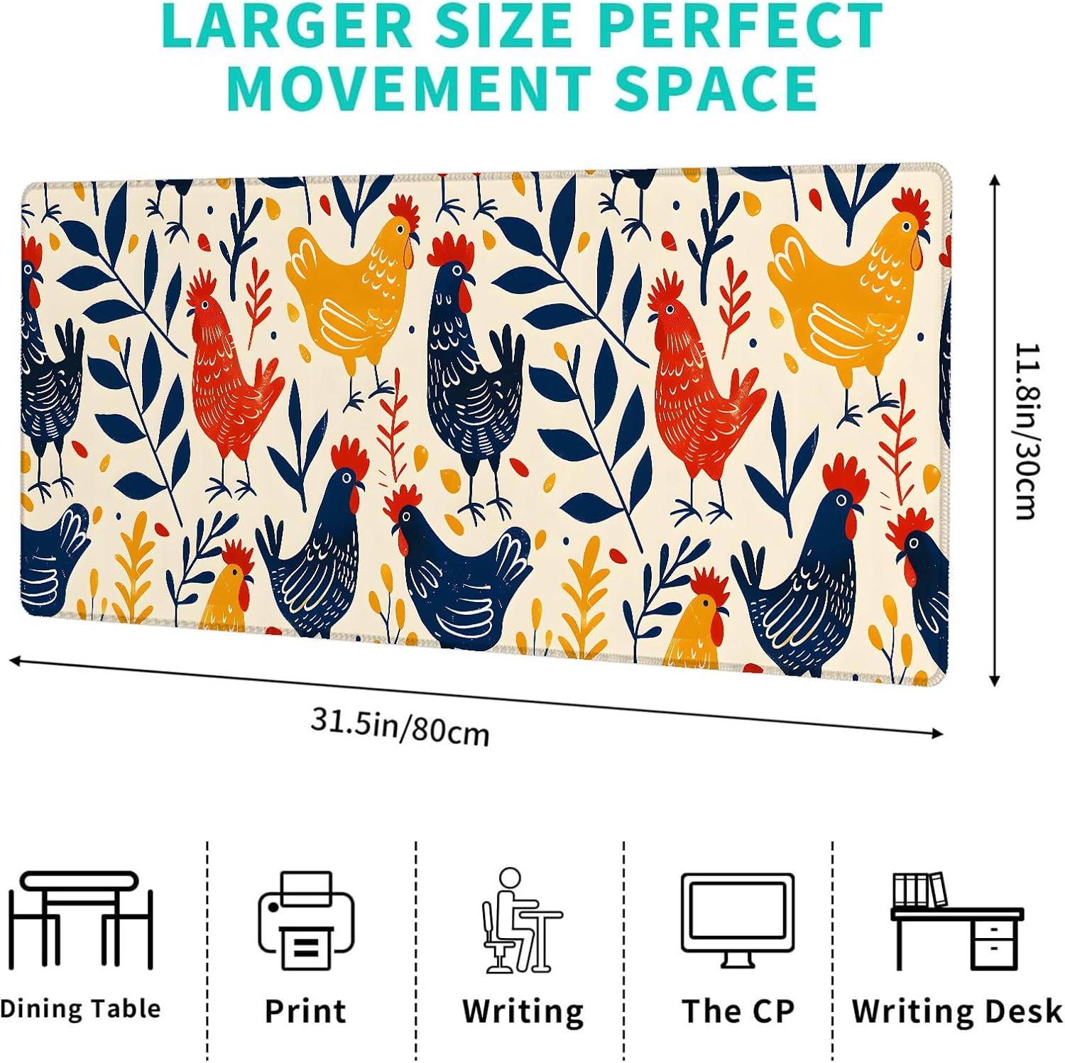 Cute Chicken Gaming Mouse Pad,12x31.5in Non-Slip Rubber Rooster Desk Mat,Large Extended Mousepad for Office Home Laptop,Mice Pads Gifts,Game Lover Deskmat Decor (Colorful)