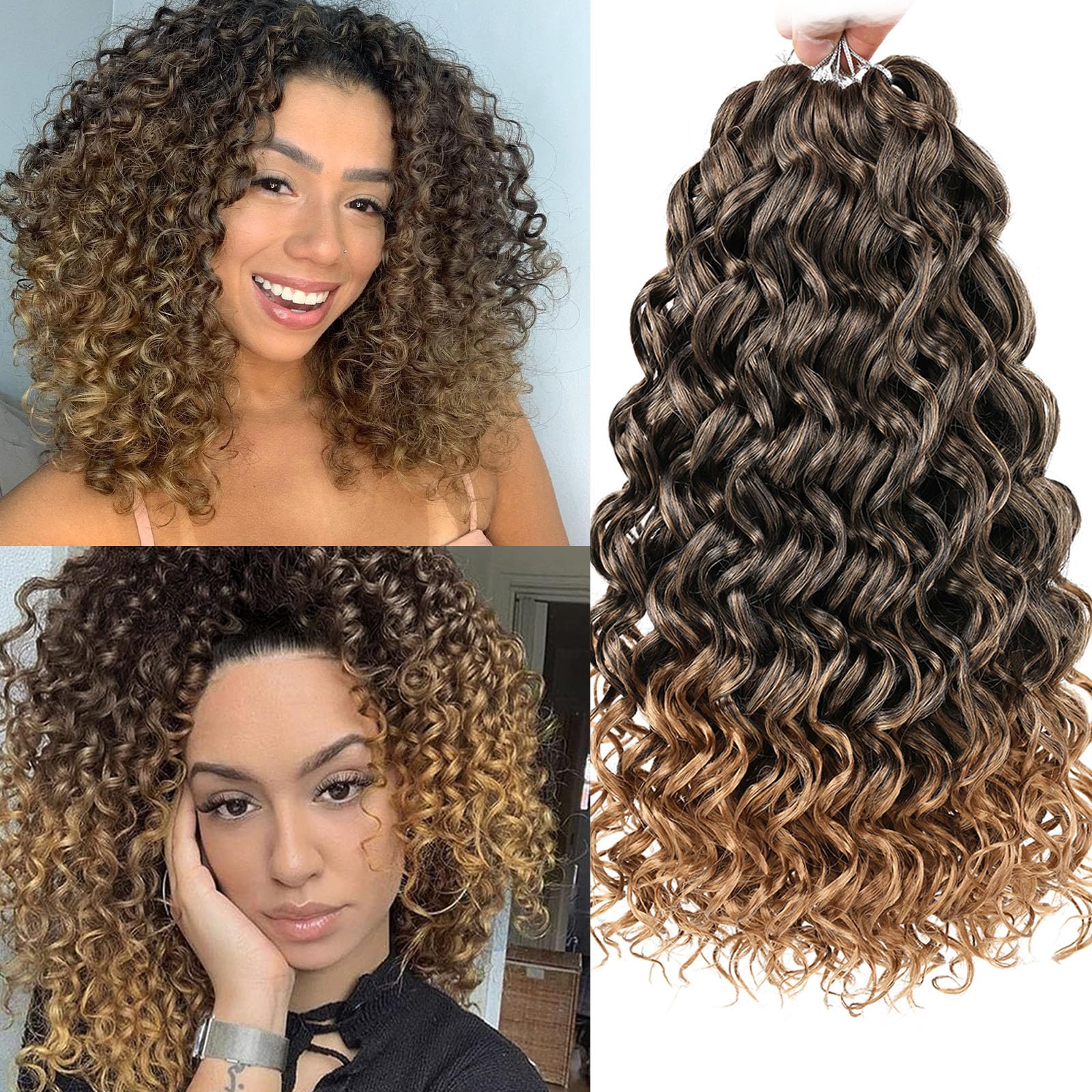 Samtress 8 Packs Short Curly Crochet Hair for Ocean Wave Braids 14 Inch Omber Blonde GoGo Curl Crochet Hair Synthetic Bohemian Water Wave Braiding Hair Extensions for Women (#T27)