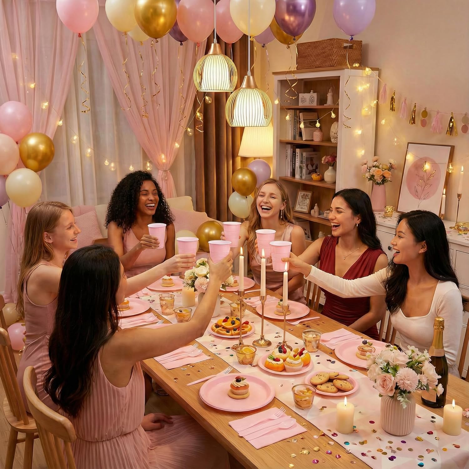 WELLIFE 210 PCS Pink Plastic Plates for 30 Guests - Disposable Dinnerware Set Including Dinner Plates, Dessert Plates, 12oz Cups, Cutlery & Napkins, Pink Party Plates for Valentines and Galentines - Image 6