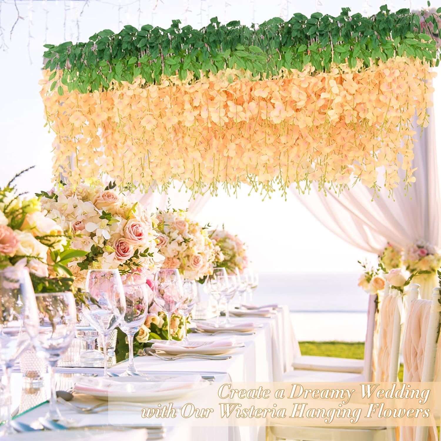 24 Pack Wisteria Hanging Flowers, 3.6 Feet Champagne Wisteria Artificial Flowers, Artificial Fake Flower Garland, Hanging Vines for Bedroom Wedding Home Party Wall Decor (Champagne, 24pcs) - Image 7