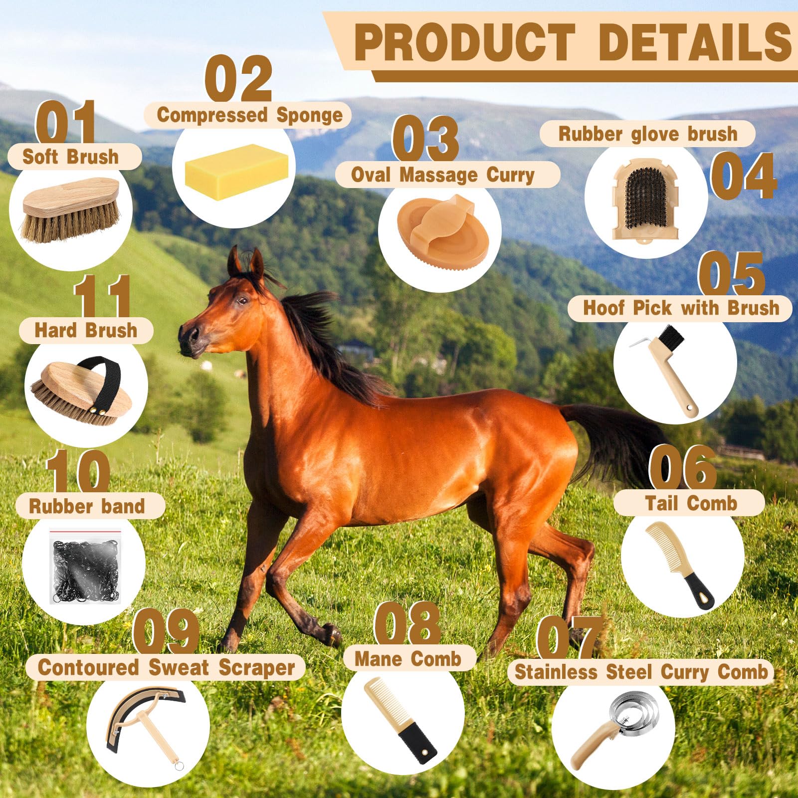 Abbylike 12 Pieces Horse Grooming Kit Racing Festival Tack Room Supplies Horse Brush Sets Equine Care Cleaning Kit Shedding Grooming Massaging Tools(Khaki) - image 3