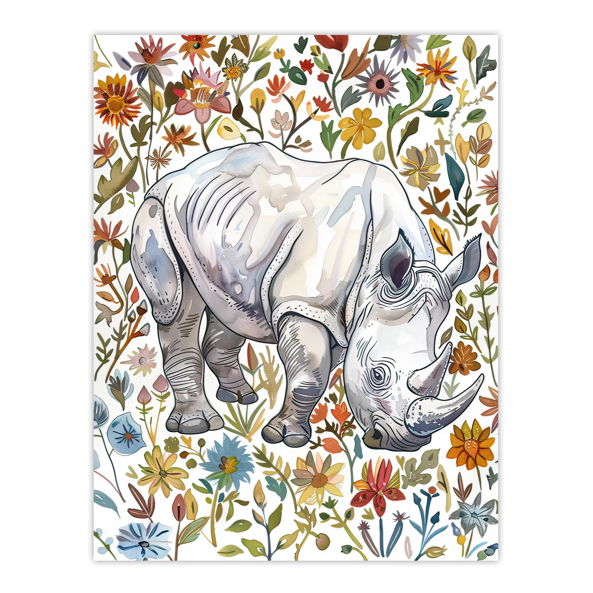 Artery8 Rhinoceros Rhino in Wildflower Meadow Watercolour Living Room Large Wall Art Poster Print Thick Paper 18X24 Inch